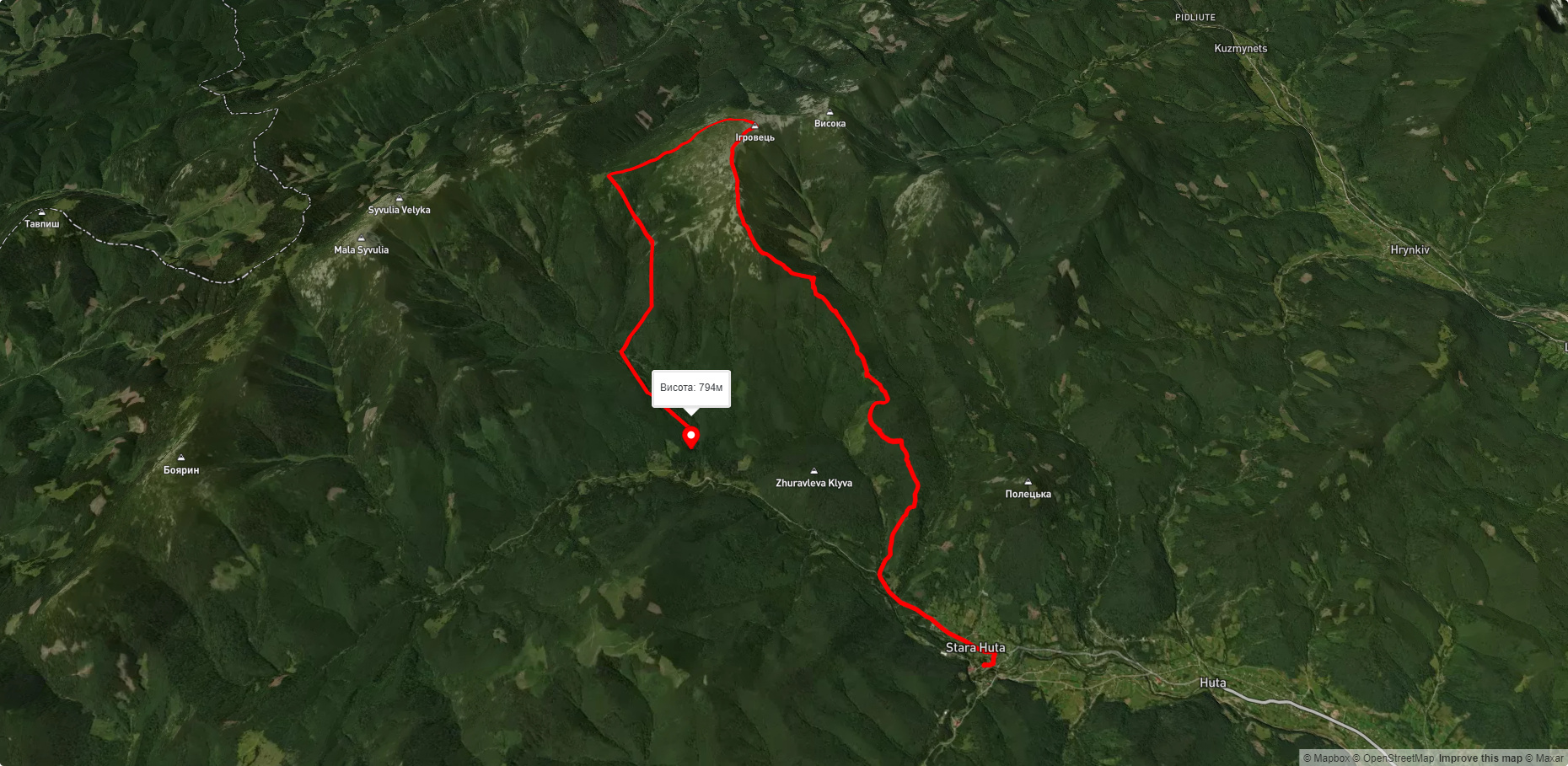 с. Стара Гута, через г. Ігровець, пер. Боревка до с. Стара Гута