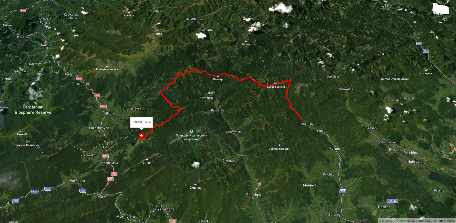 с. Стара Гута, через г. Сивуля, пер. Легіонів, г. Братківська, г. Чорна Клева, г. Плоска, г. Довга до с. Поляниця