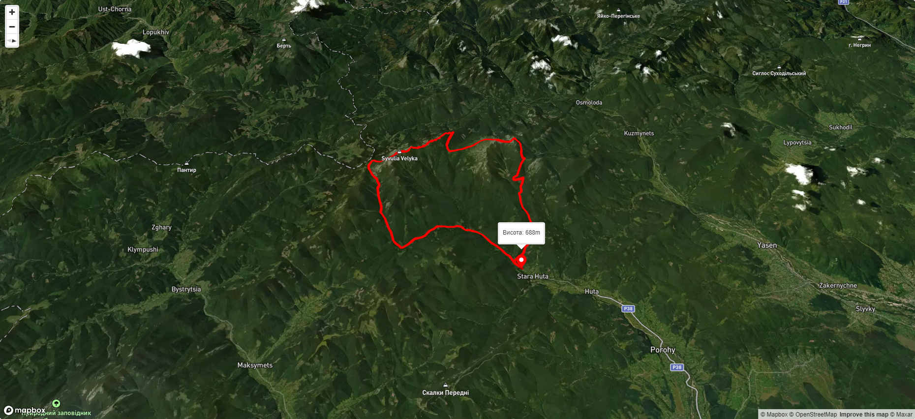 с. Стара Гута, через г. Висока, г. Боревка, г. Сивуля, пол. Рущина до с. Стара Гута