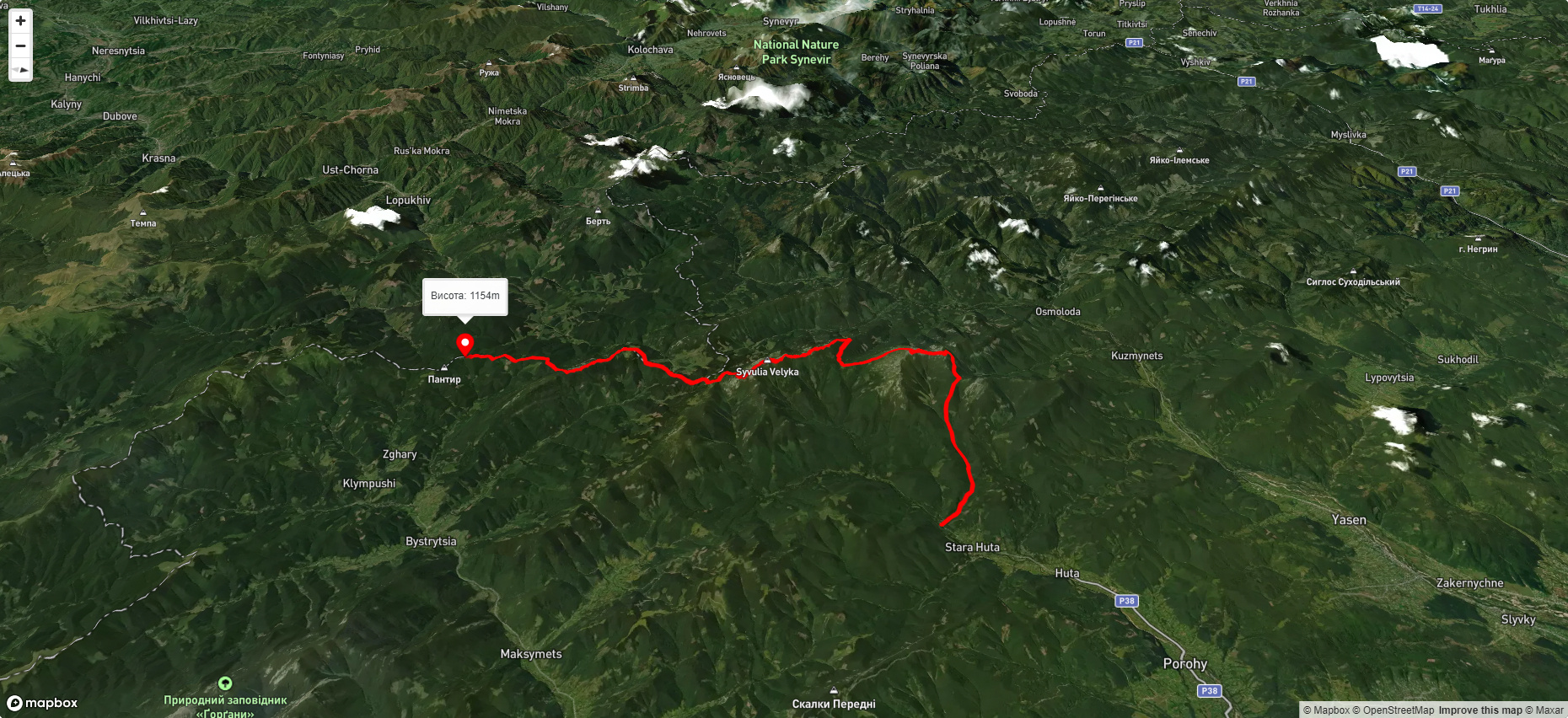 с. Стара Гута, через г. Висока, г. Ігровець, г. Сивуля до перевалу Малі Рогодзи