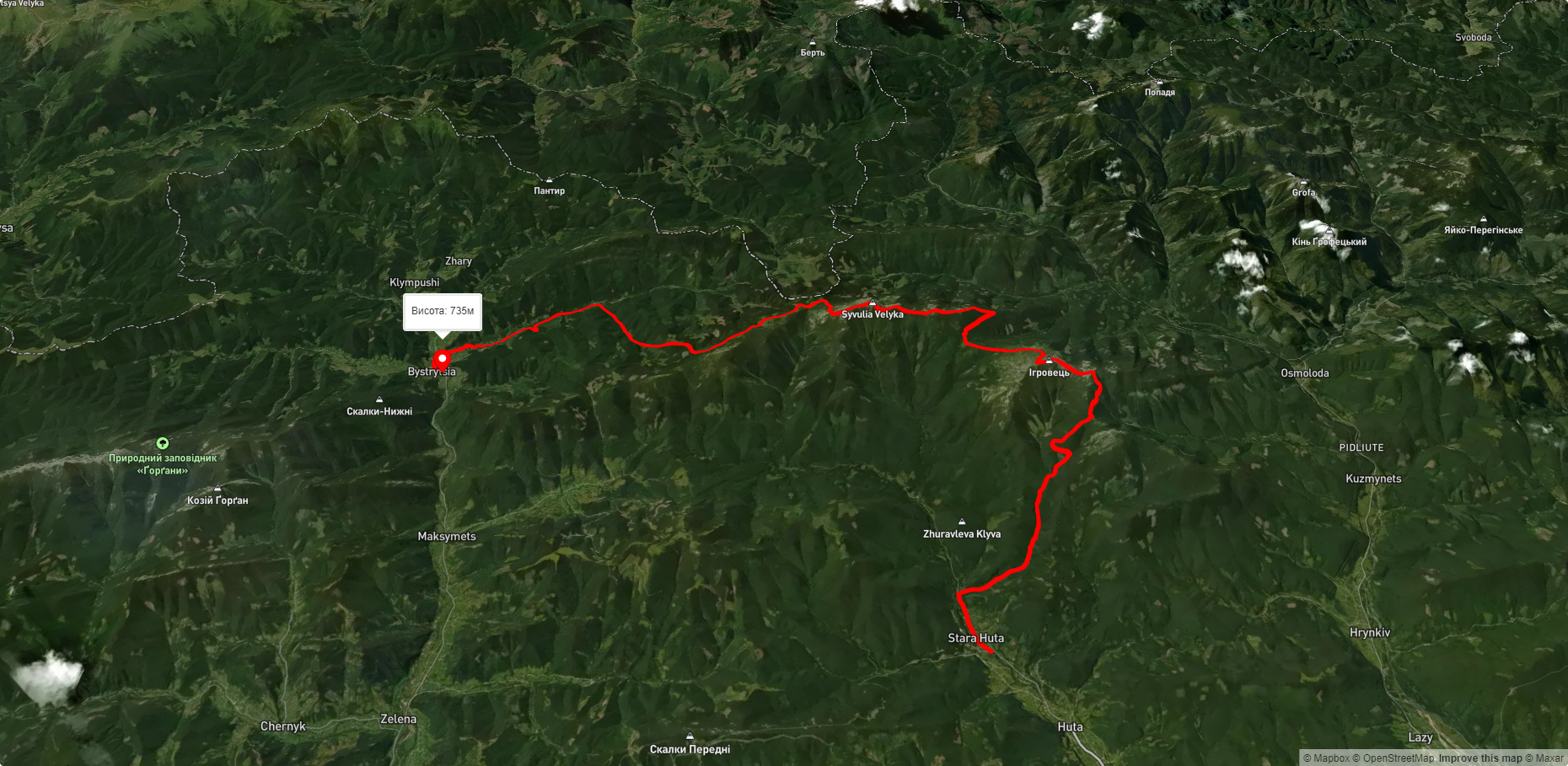 с. Стара Гута, через г. Висока, г. Ігровець, г. Сивуля до с. Бистриця