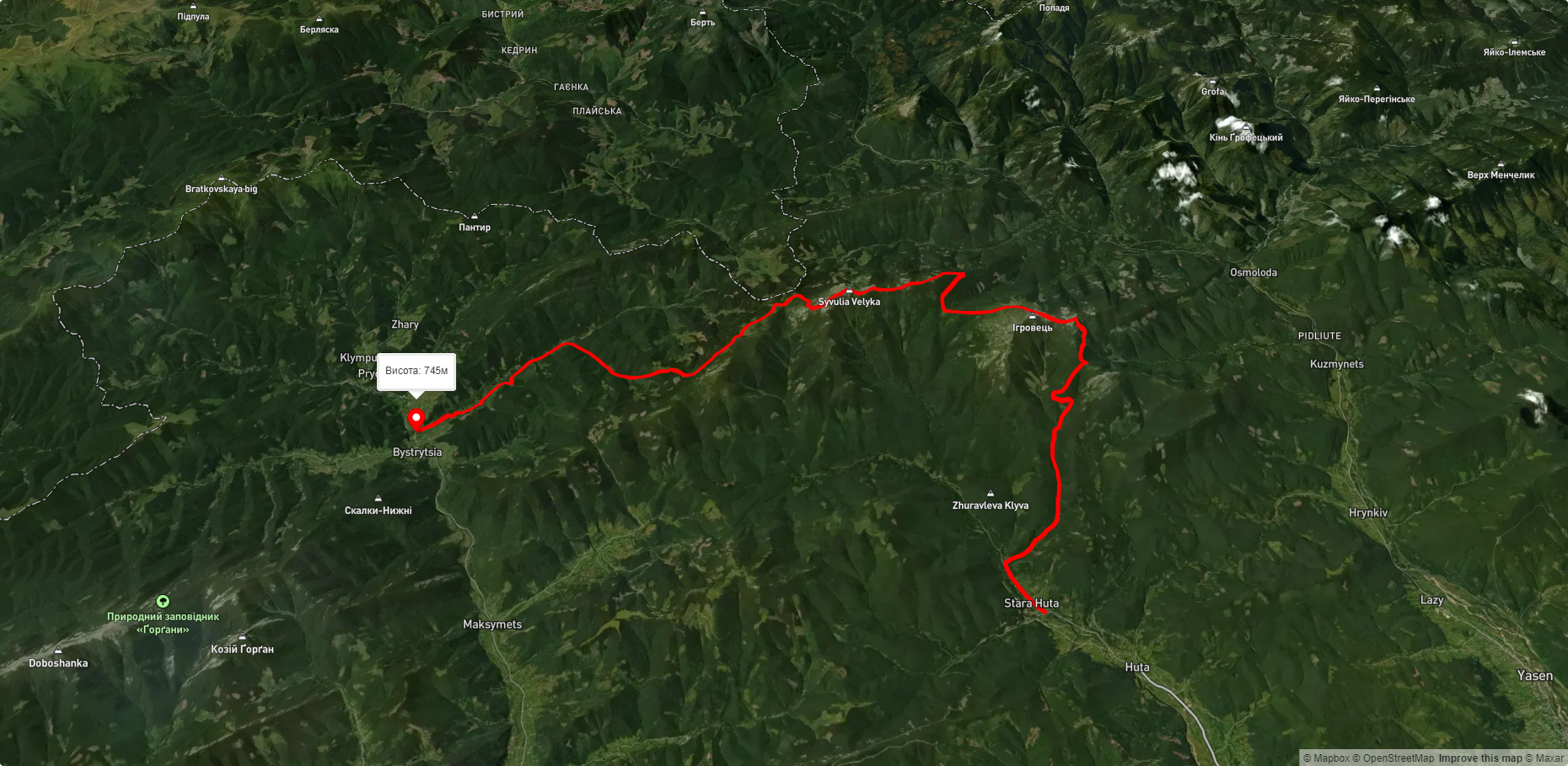 с. Стара Гута, через г. Висока, г. Ігровець, г. Сивуля до с. Бистриця