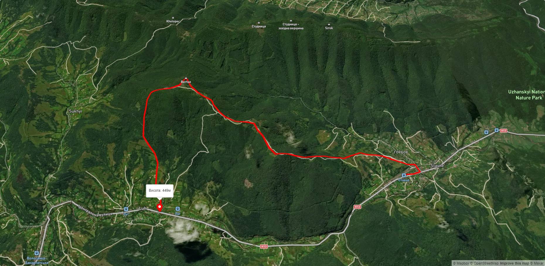 с. Ставне, через г. Берце до с. Луг