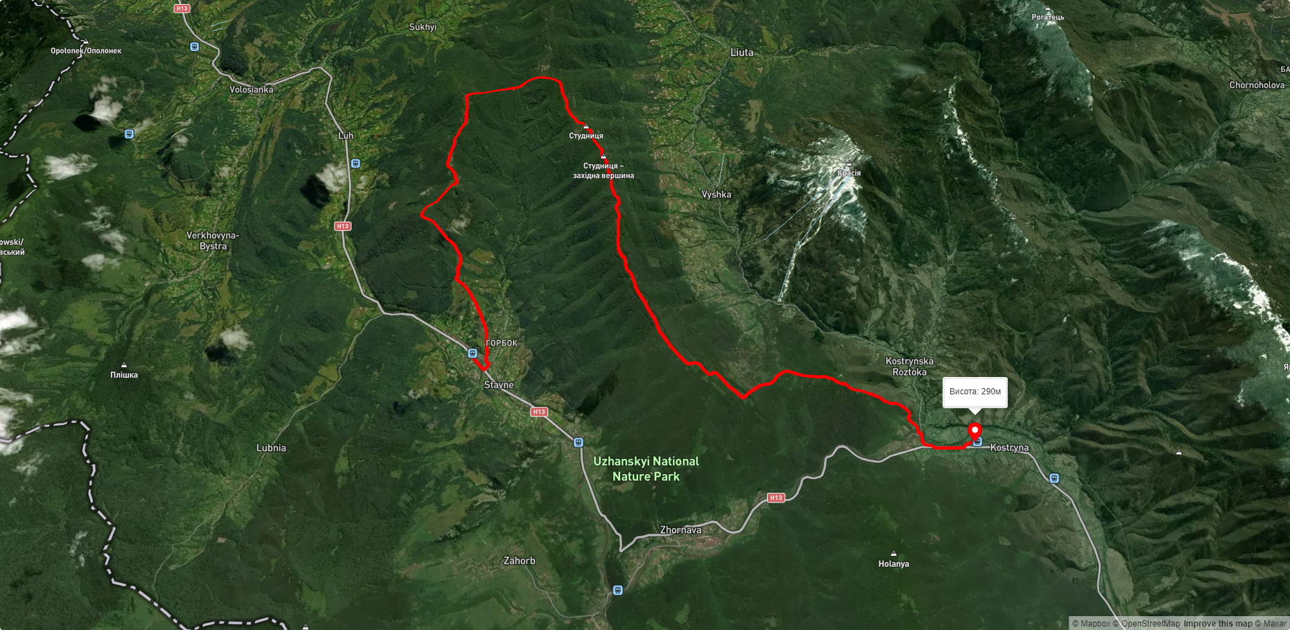 с. Ставне, через г. Берце, г. Вежа до с. Кострино