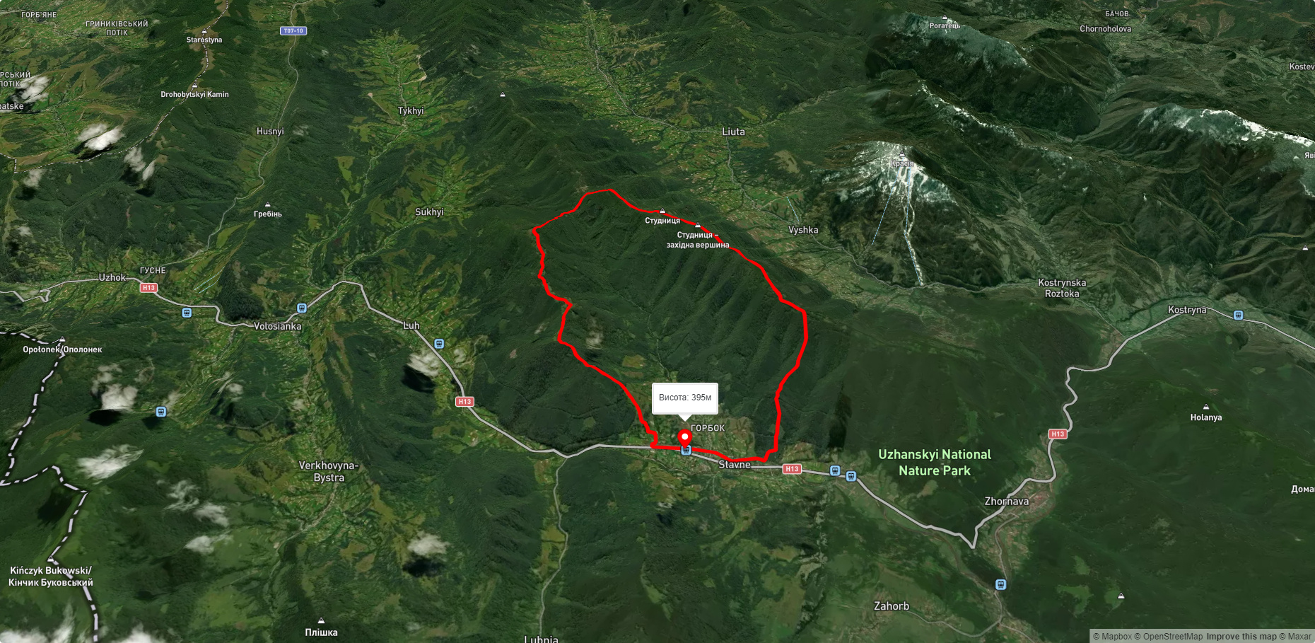 с. Ставне, через г. Студниця, г. Спалений до с. Ставне