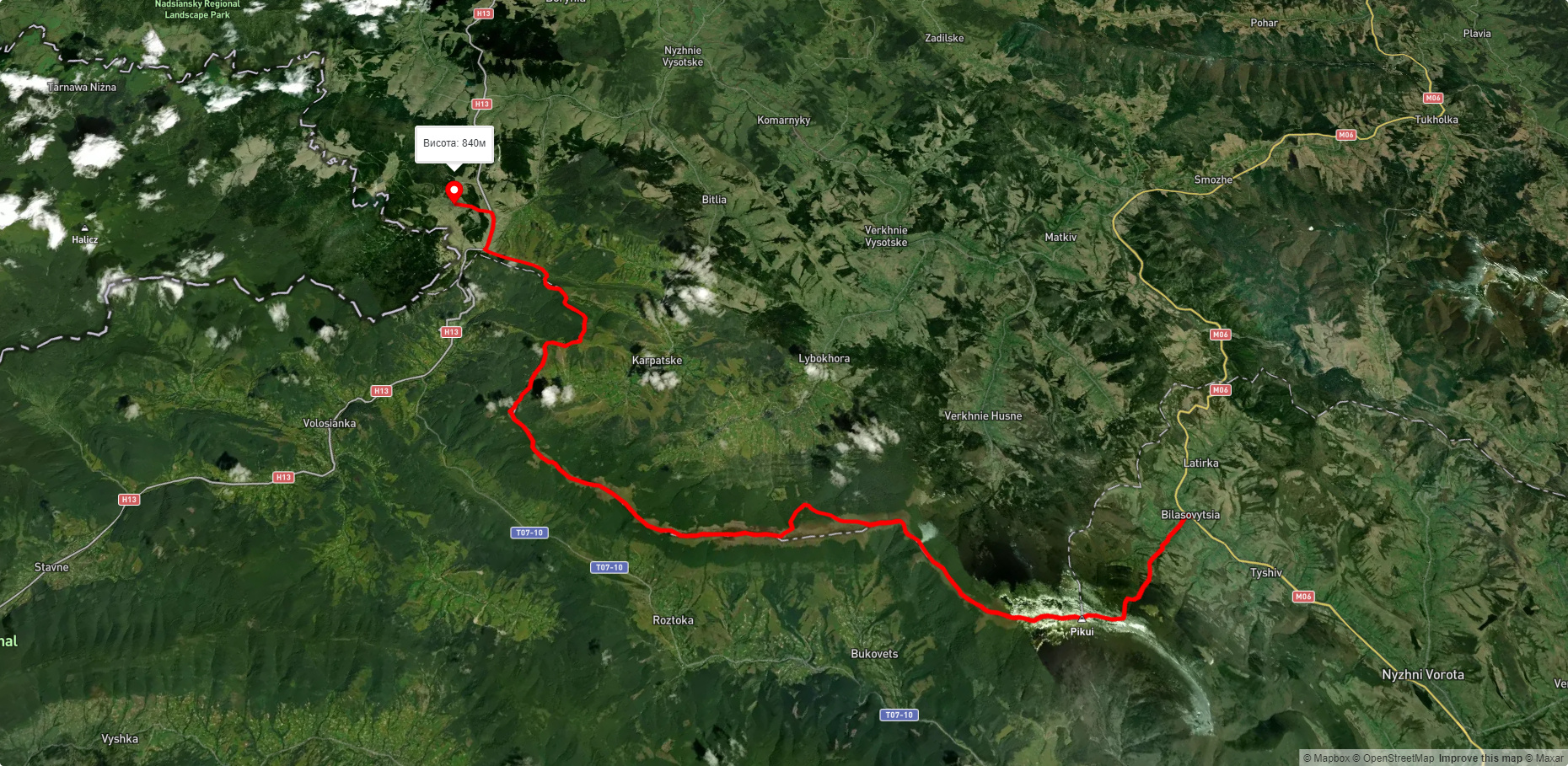 с. Сянки, через г. Дрогобицький Камінь, перевал Руська Путь, г. Пікуй до с. Біласовиця