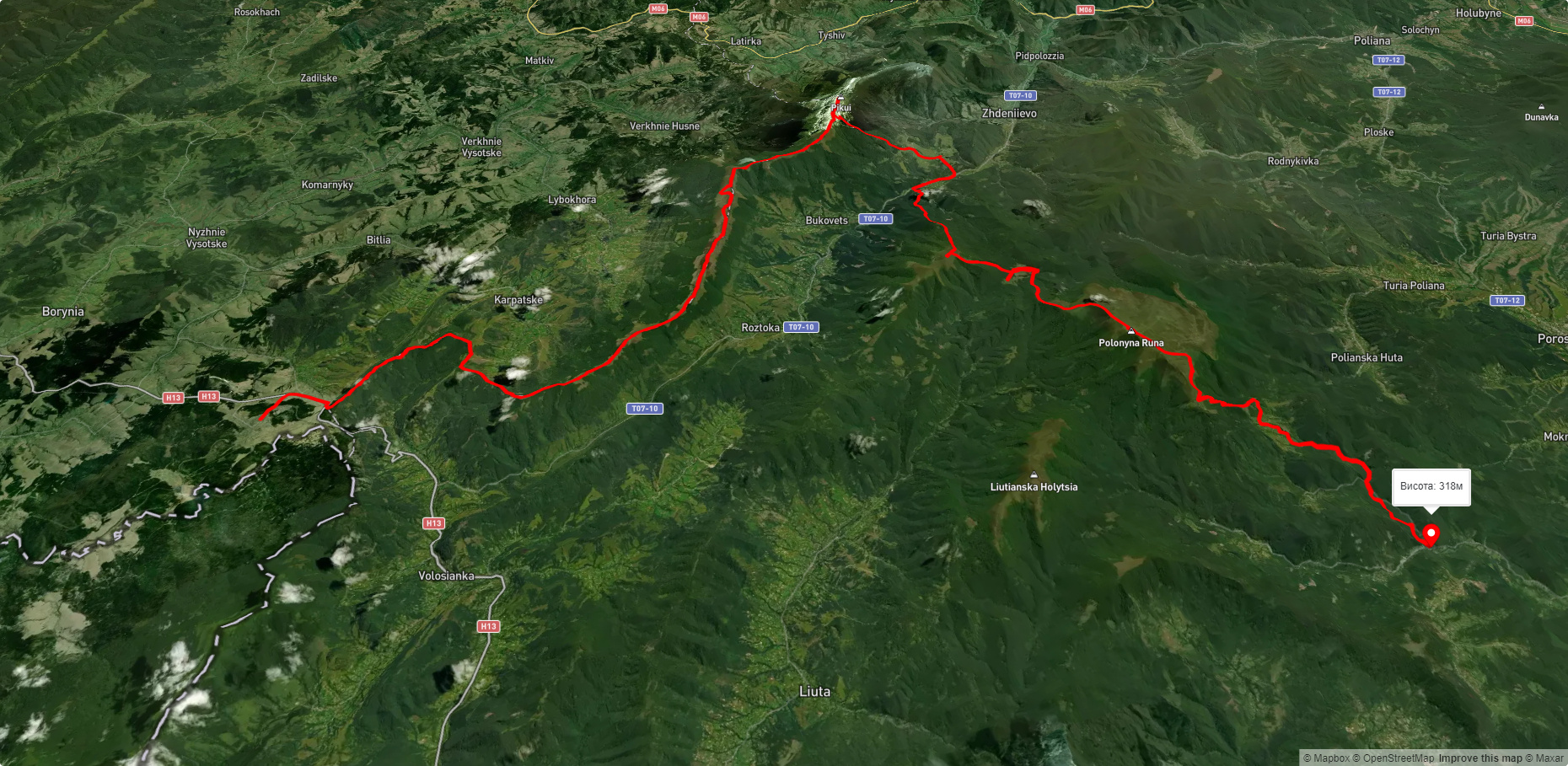 с. Сянки, через г. Старостина, г. Пікуй, с. Щербовець, г. Остра Гора, Полонину Руна до с. Турички