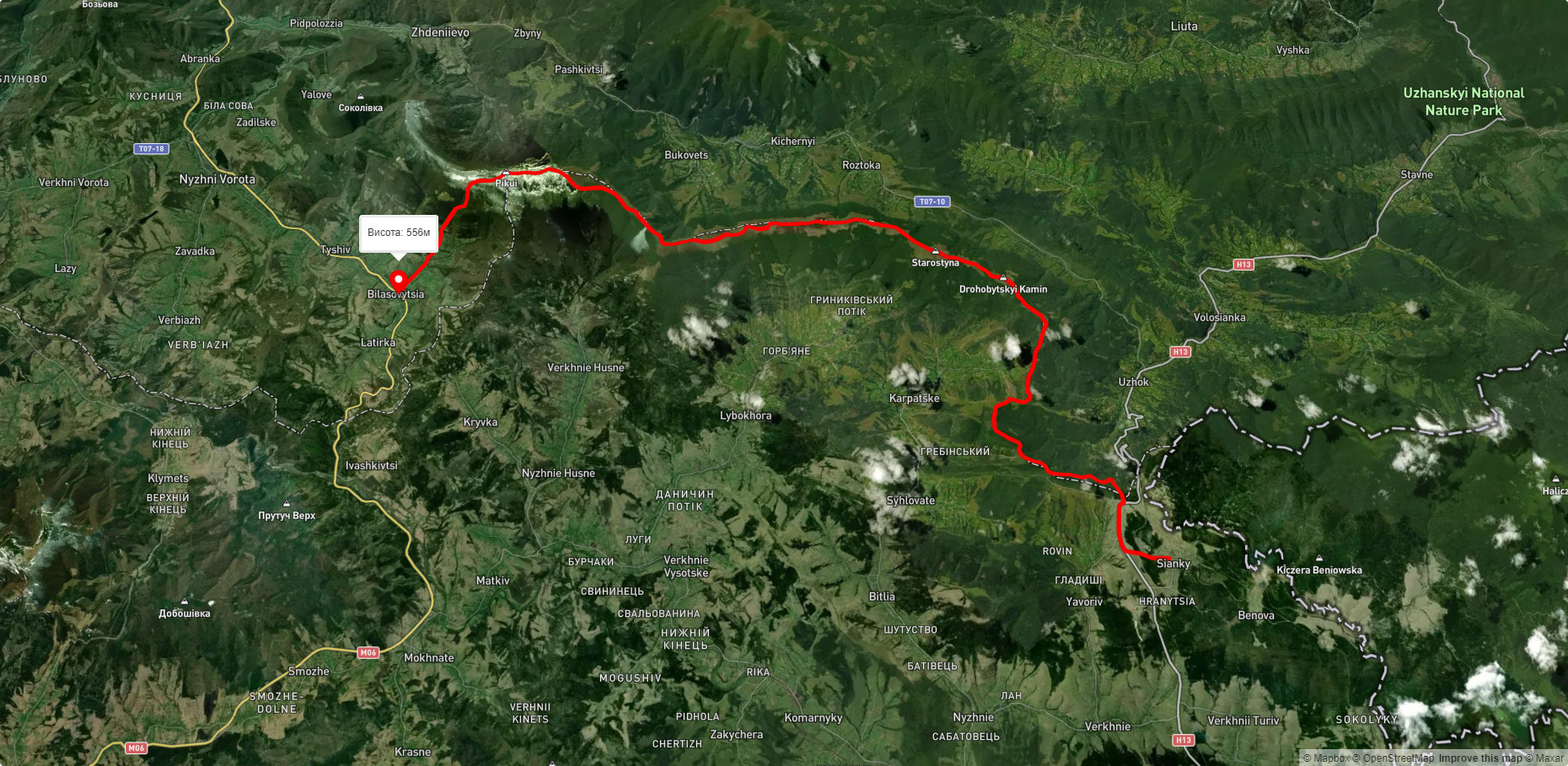 с. Сянки, через г. Старостина, г. Великий Верх, г. Пікуй до с. Біласовиця