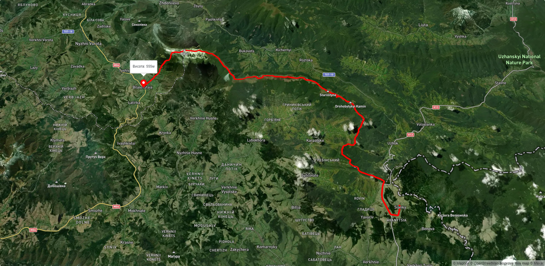 с. Сянки, через Верховинський Вододільний хребет, г. Пікуй до с. Біласовиця