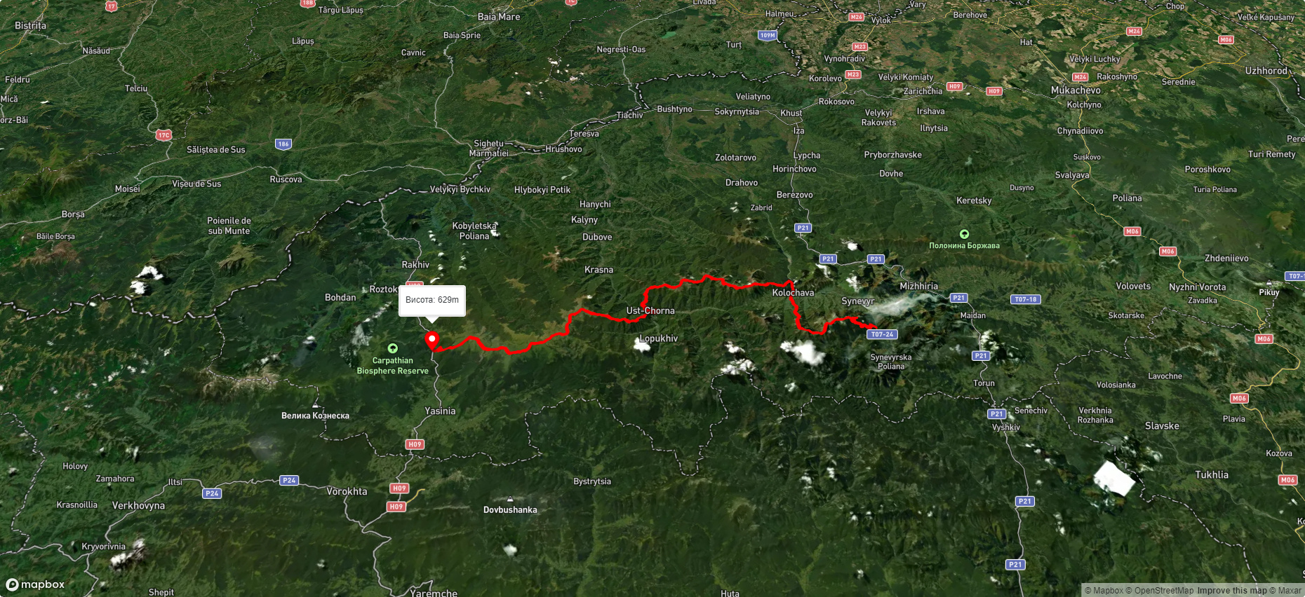 с. Синевир, через г. Негровець, с. Мерешор, хр. Красна, с. Усть Чорна, хр. Свидовець до с. Кваси