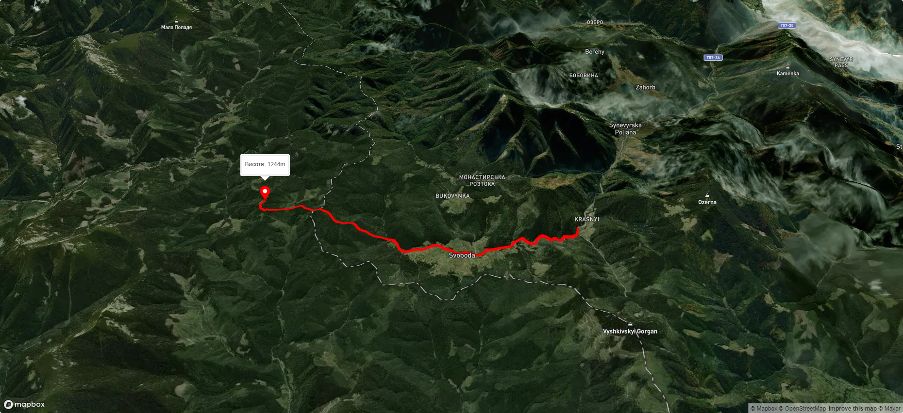 с. Синевирська Поляна, через с. Свобода до пол. Гича