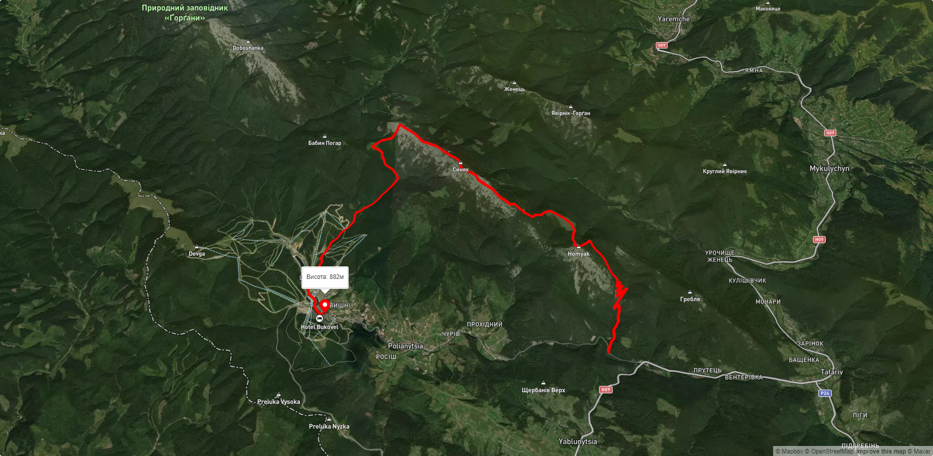 с. Татарів, через г. Хом'як, г. Синяк, г. Малий Горган до с. Поляниця