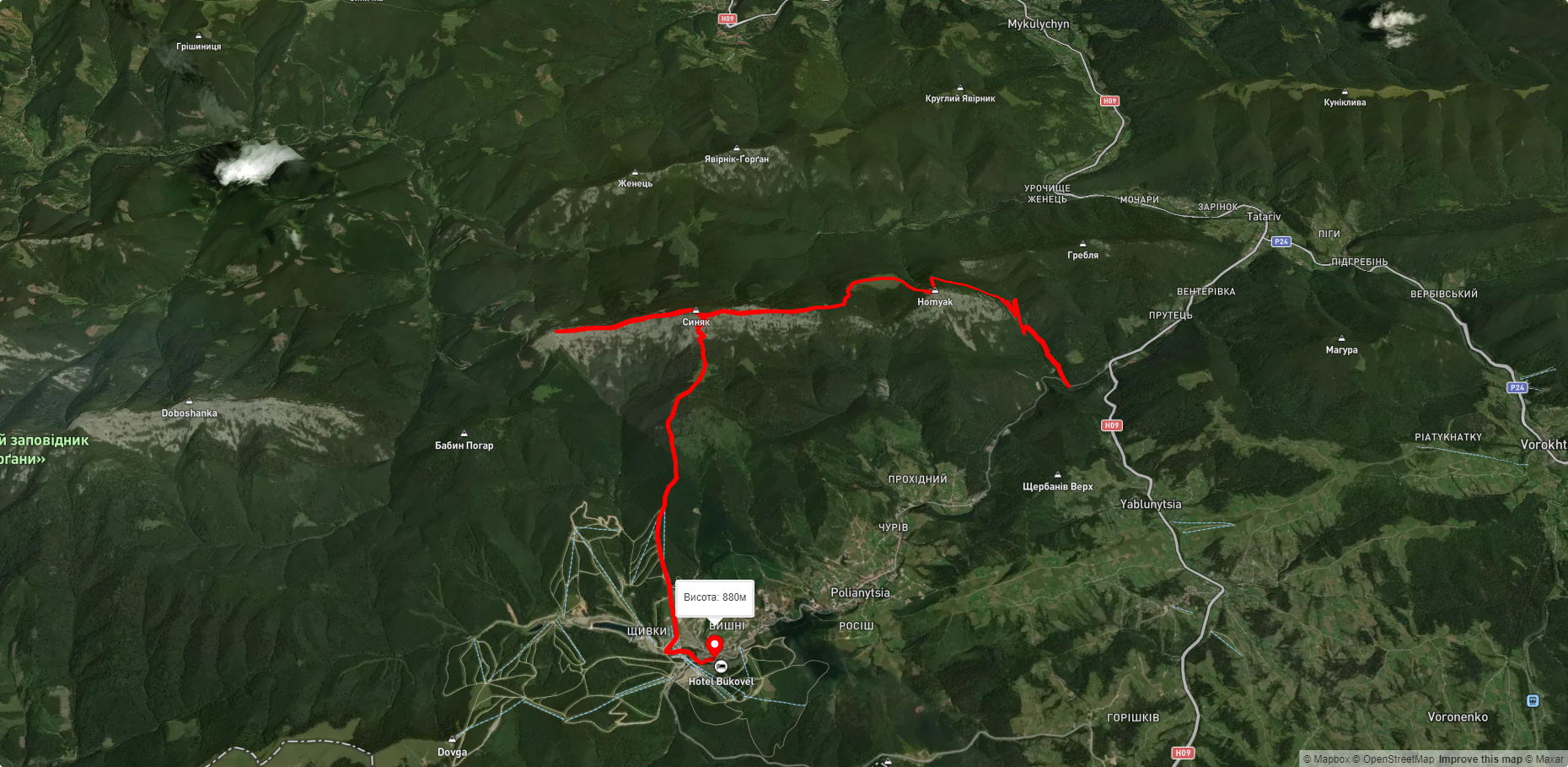 с. Татарів, через г. Хом'як, г. Синяк, г. Малий Горган до с. Поляниця
