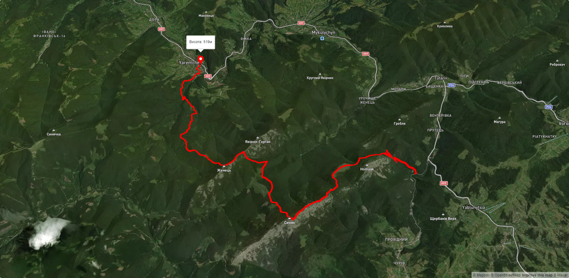 с. Татарів, через г. Хом'як, г. Синяк, г. Явірник, вдсп. Дівочі Сльози  до м. Яремче