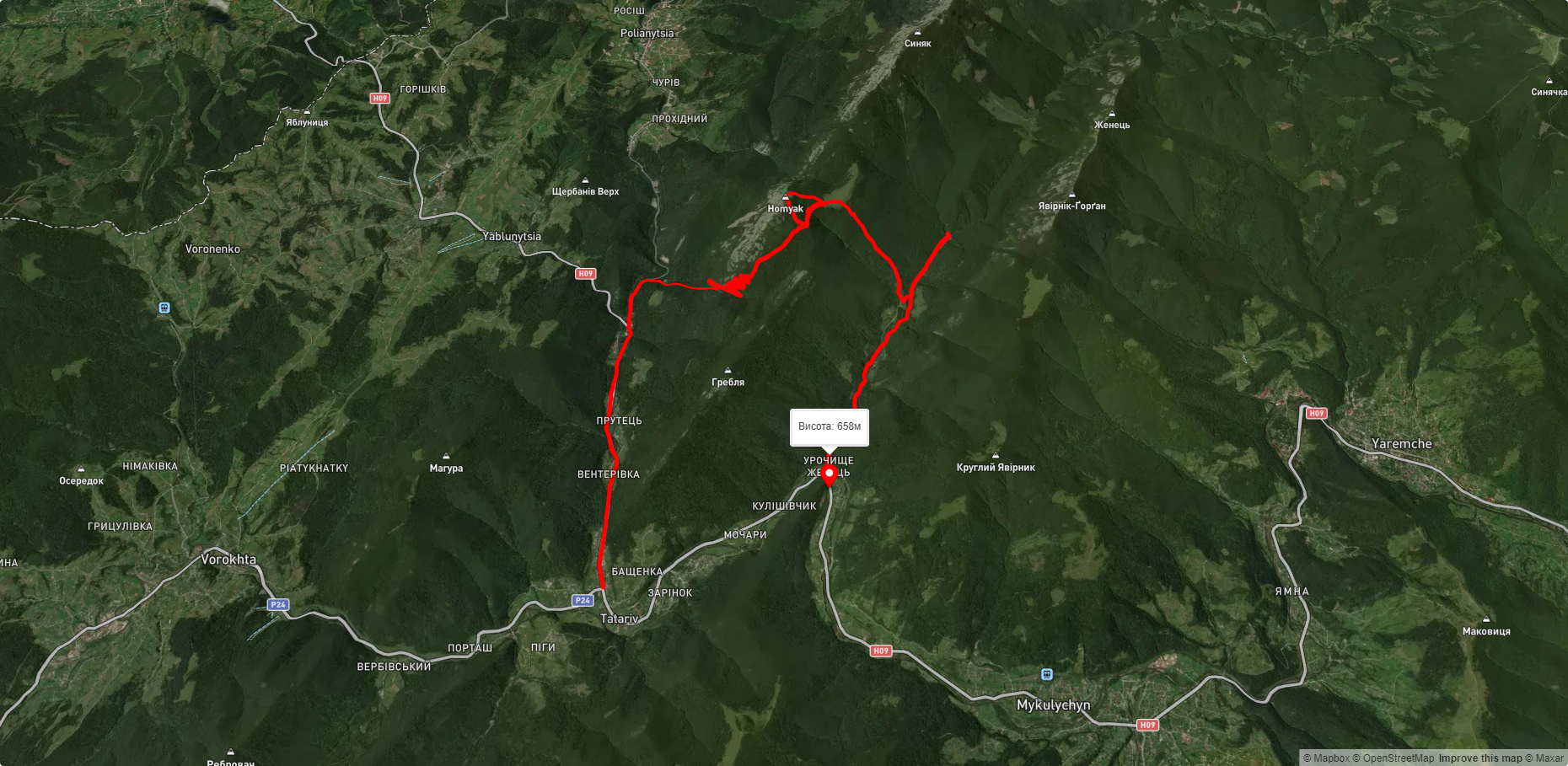 с. Татарів, через г. Хом'як, вдсп. Женецький Гук до ур. Женець (с. Микуличин)