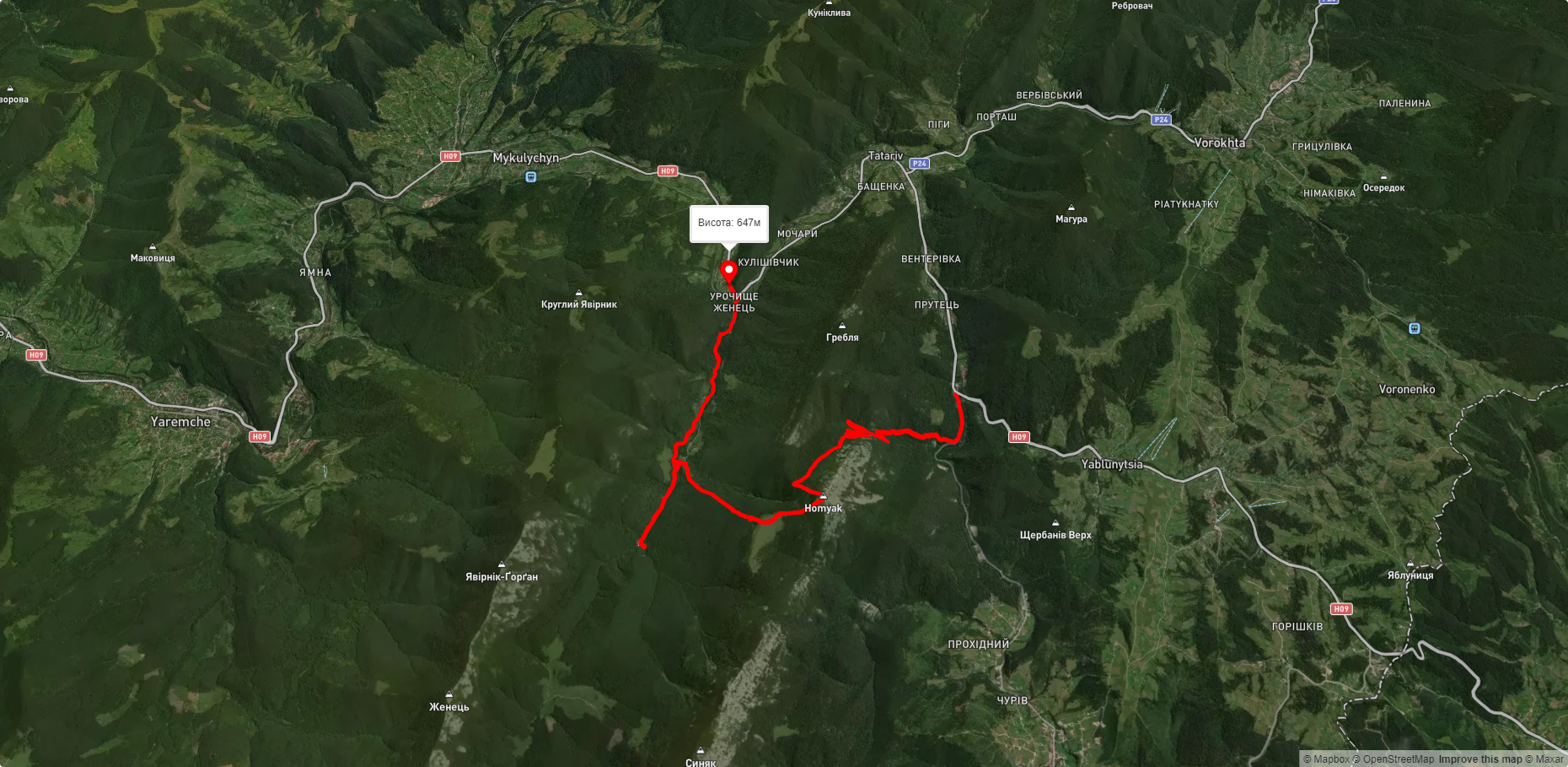 с. Татарів, через г. Хом'як, вдсп. Женецький Гук до ур. Женець (с. Микуличин)