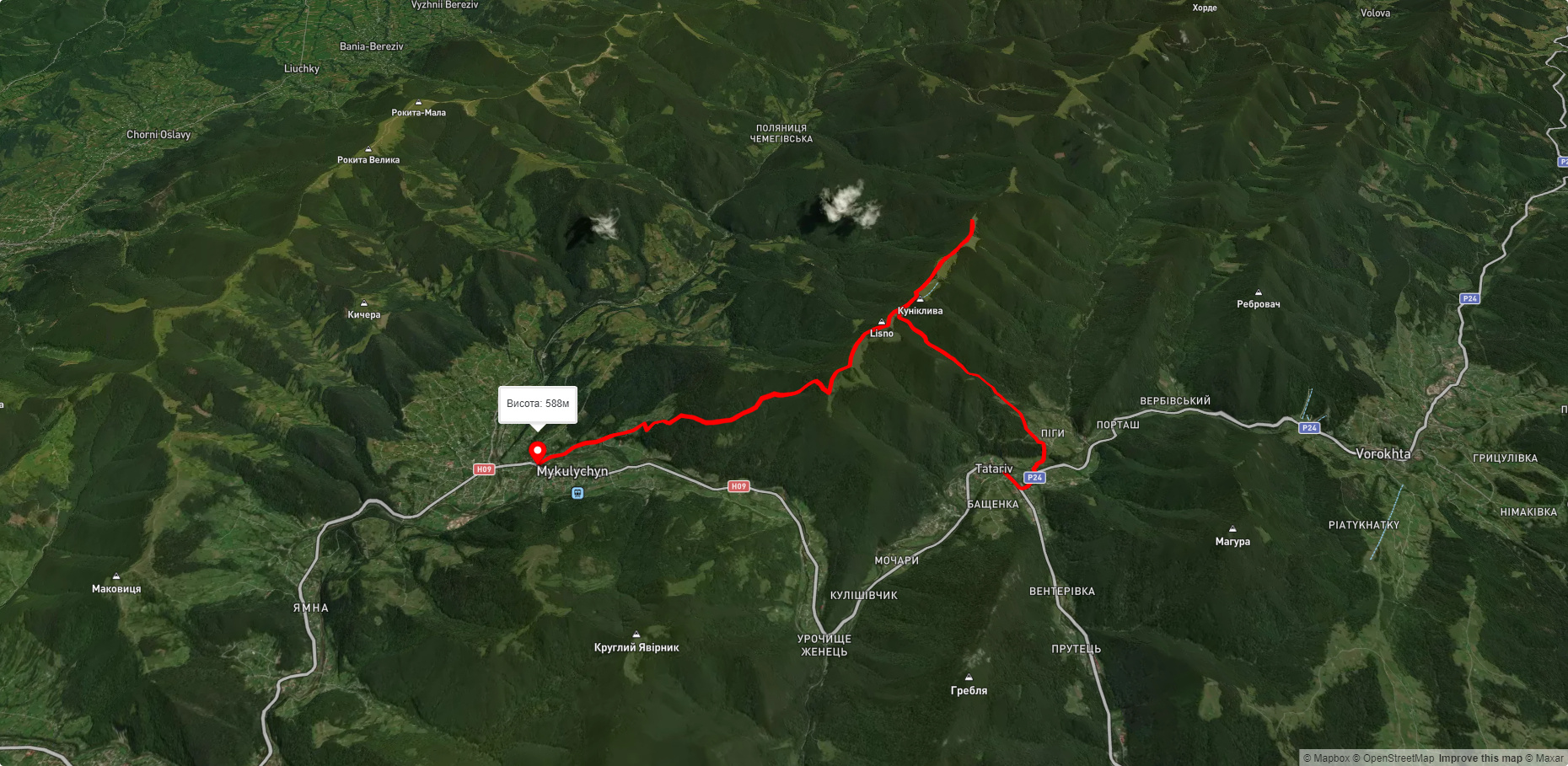 с. Татарів, через г. Ліснів, г. Ягідна до с. Микуличин