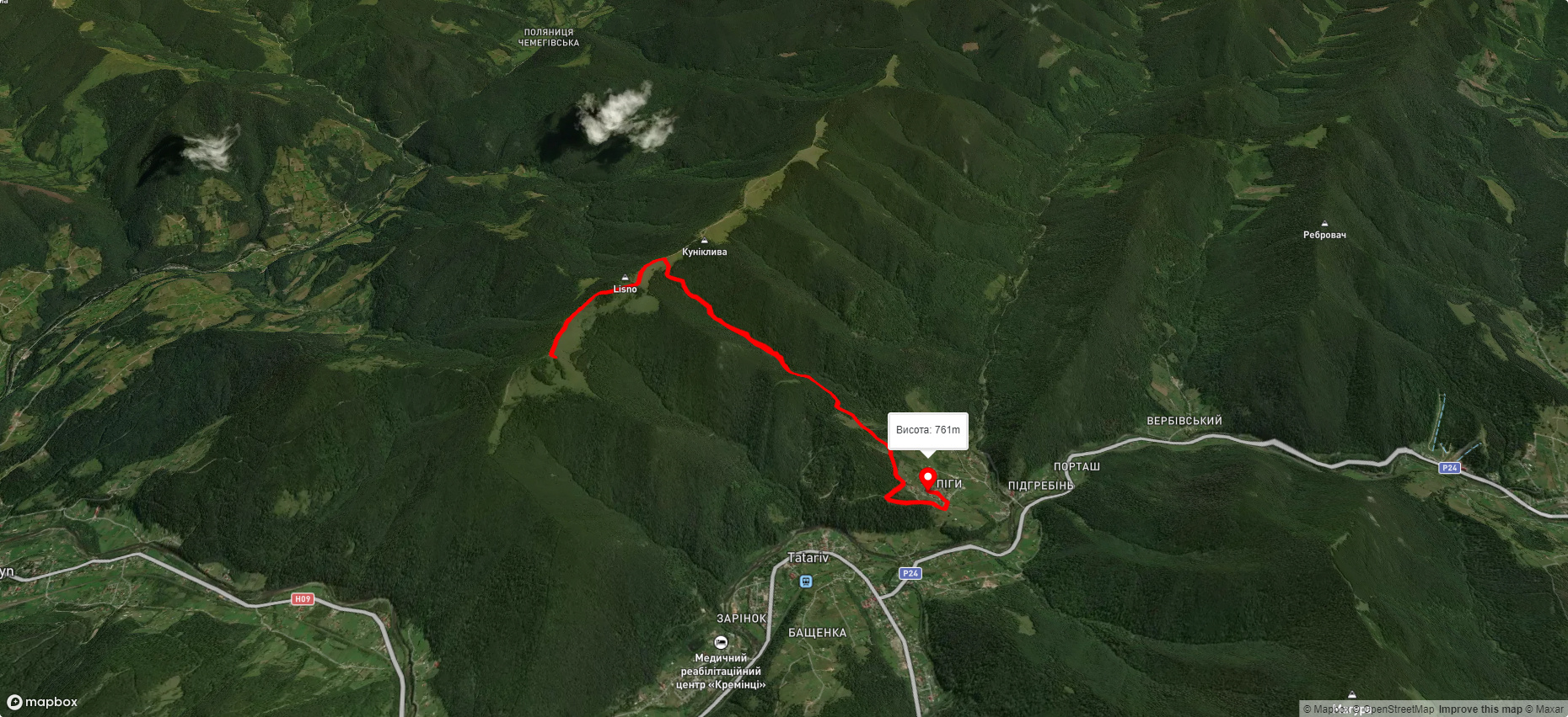 с. Татарів, через г. Ліснів, г. Ягідна до с. Татарів