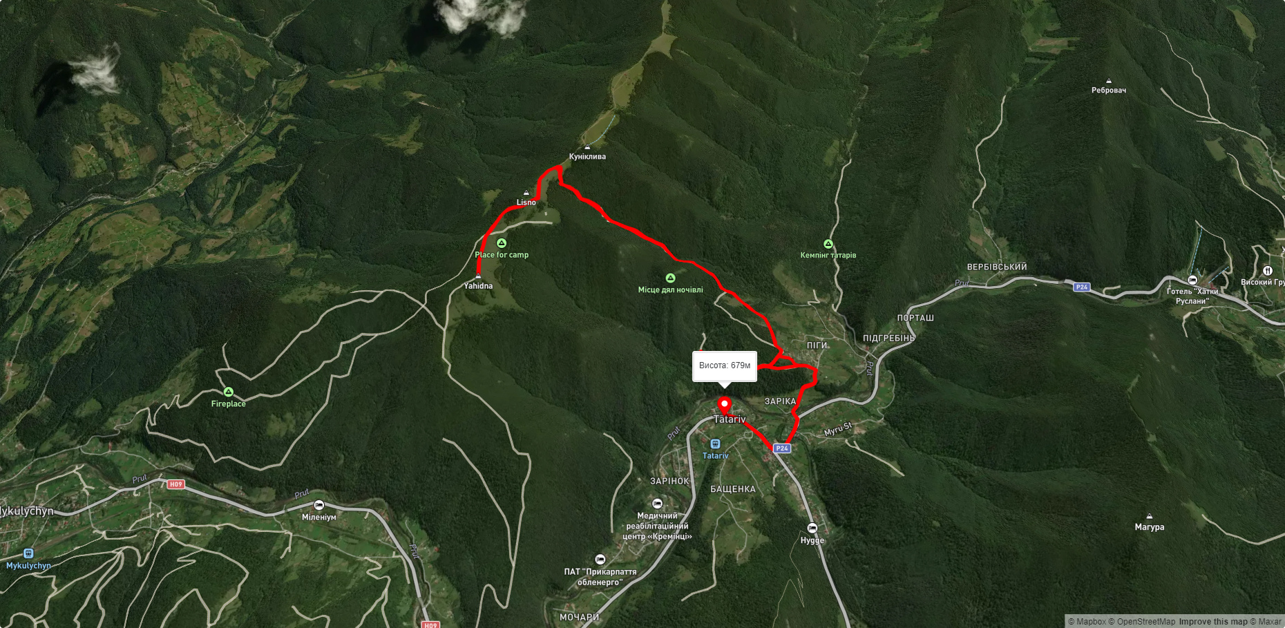 с. Татарів, через г. Ліснів, г. Ягідна до с. Татарів