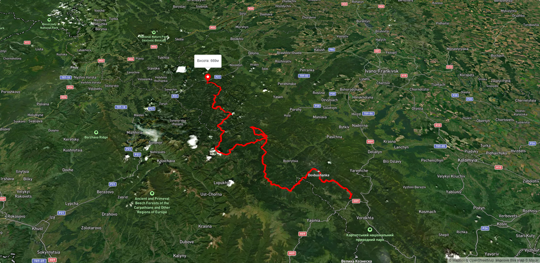 с. Татарів, через г. Синяк, г. Довбушанка, г. Чорна Клева, г. Братківська, г. Сивуля, г. Кінець Горгану, г. Попадя, г. Грофа до с. Мислівка