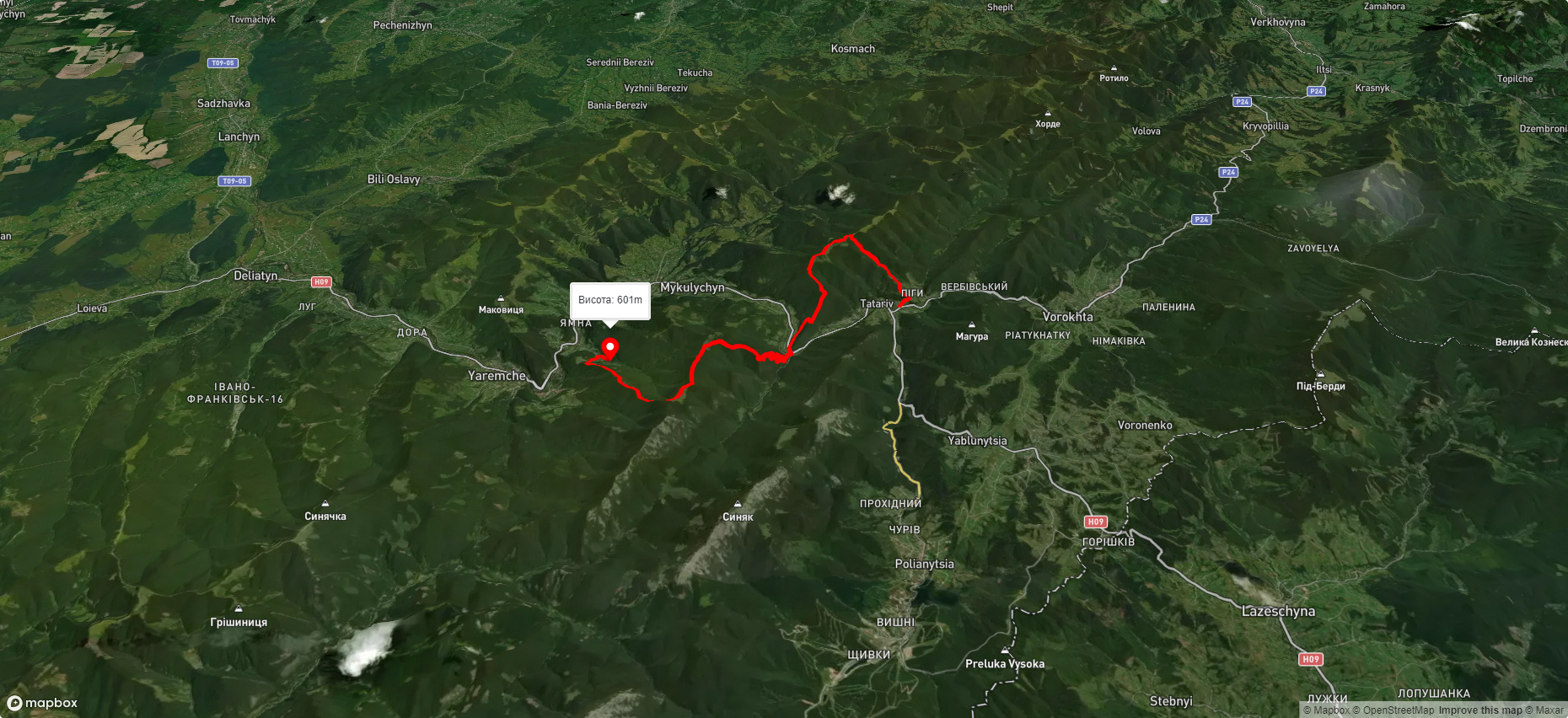 с. Татарів, через хр. Підліснів, пол. Явірник до с. Ямна