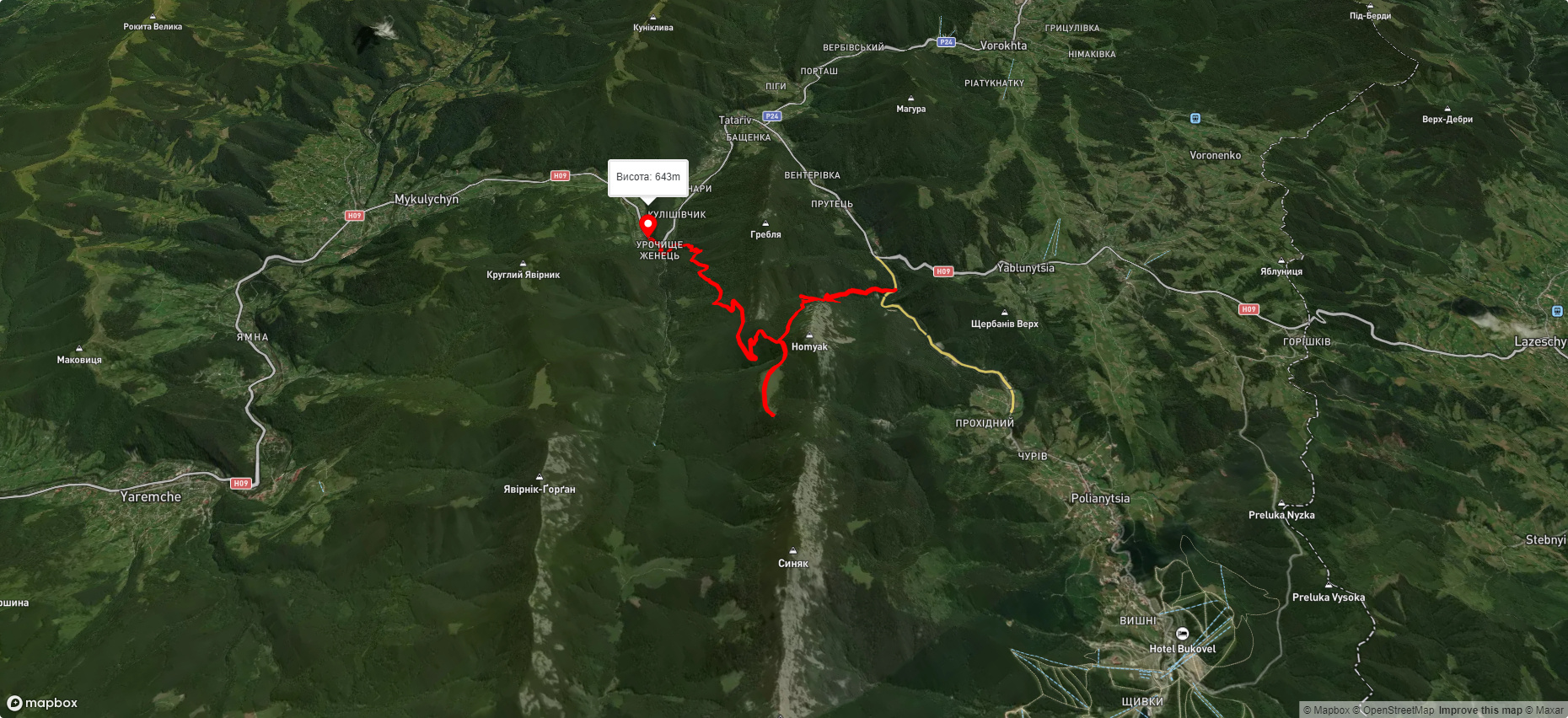 с. Татарів, через пол. Хом’яків до ур. Женець (с. Микуличин)