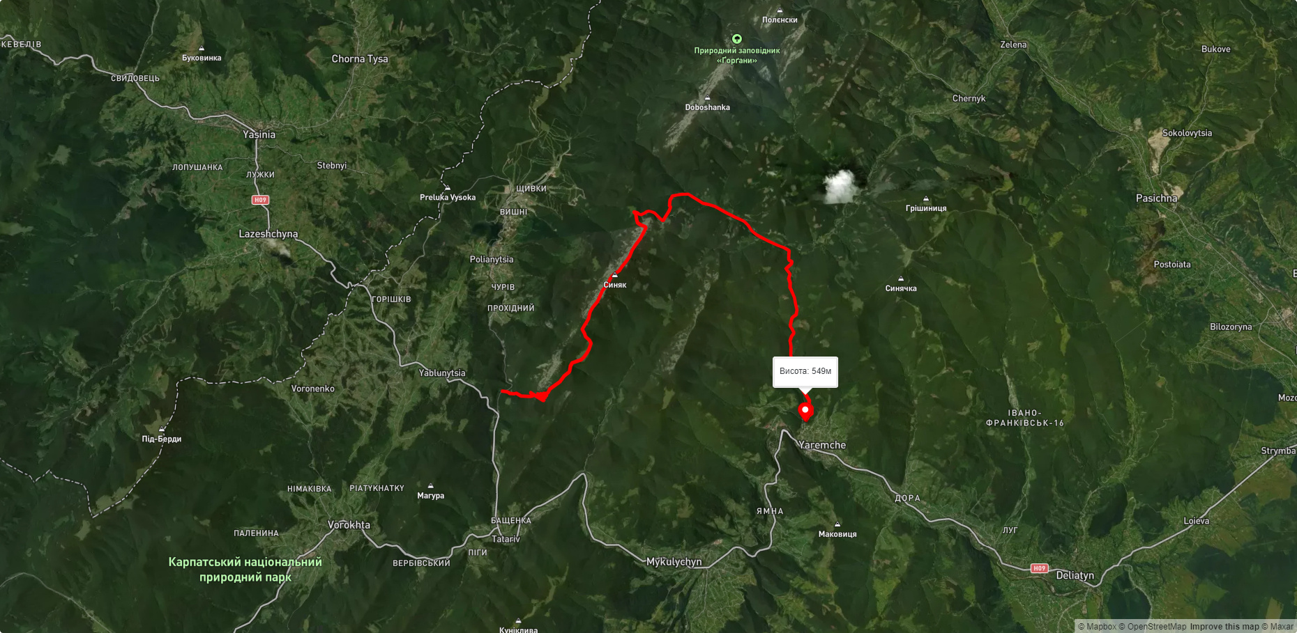 с. Татарів, через пол. Хом'яків, г. Синяк, г. Малий Горган до м. Яремче