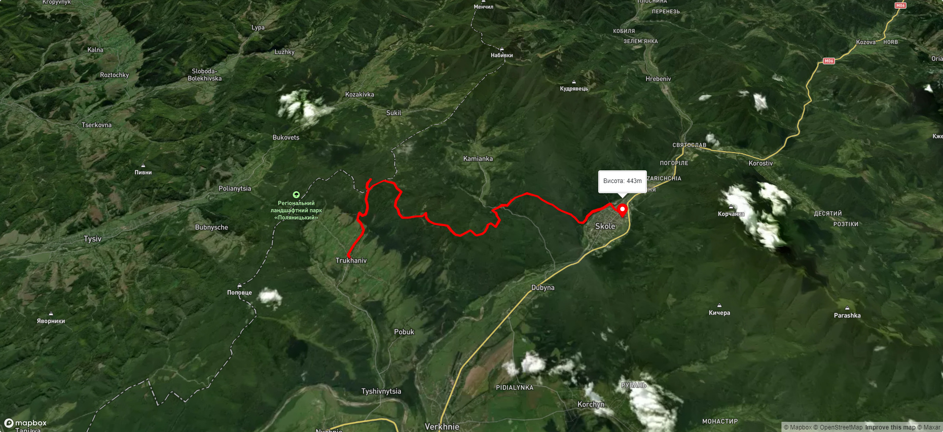 с. Труханів, через г. Ключ, оз. Журавлине, вдсп. Кам'янка до м. Сколе