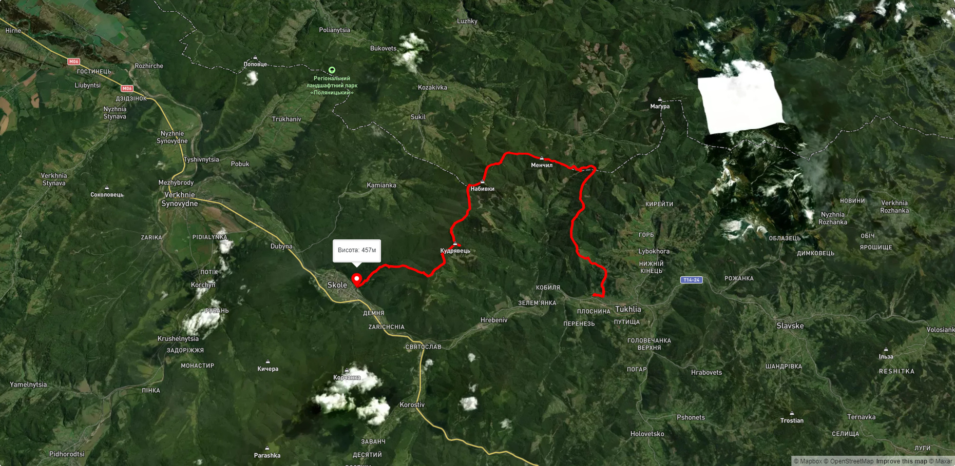 с. Тухля, через г. Кіндрат, г. Матагів, г. Лопата, г. Кудрявець до м. Сколе