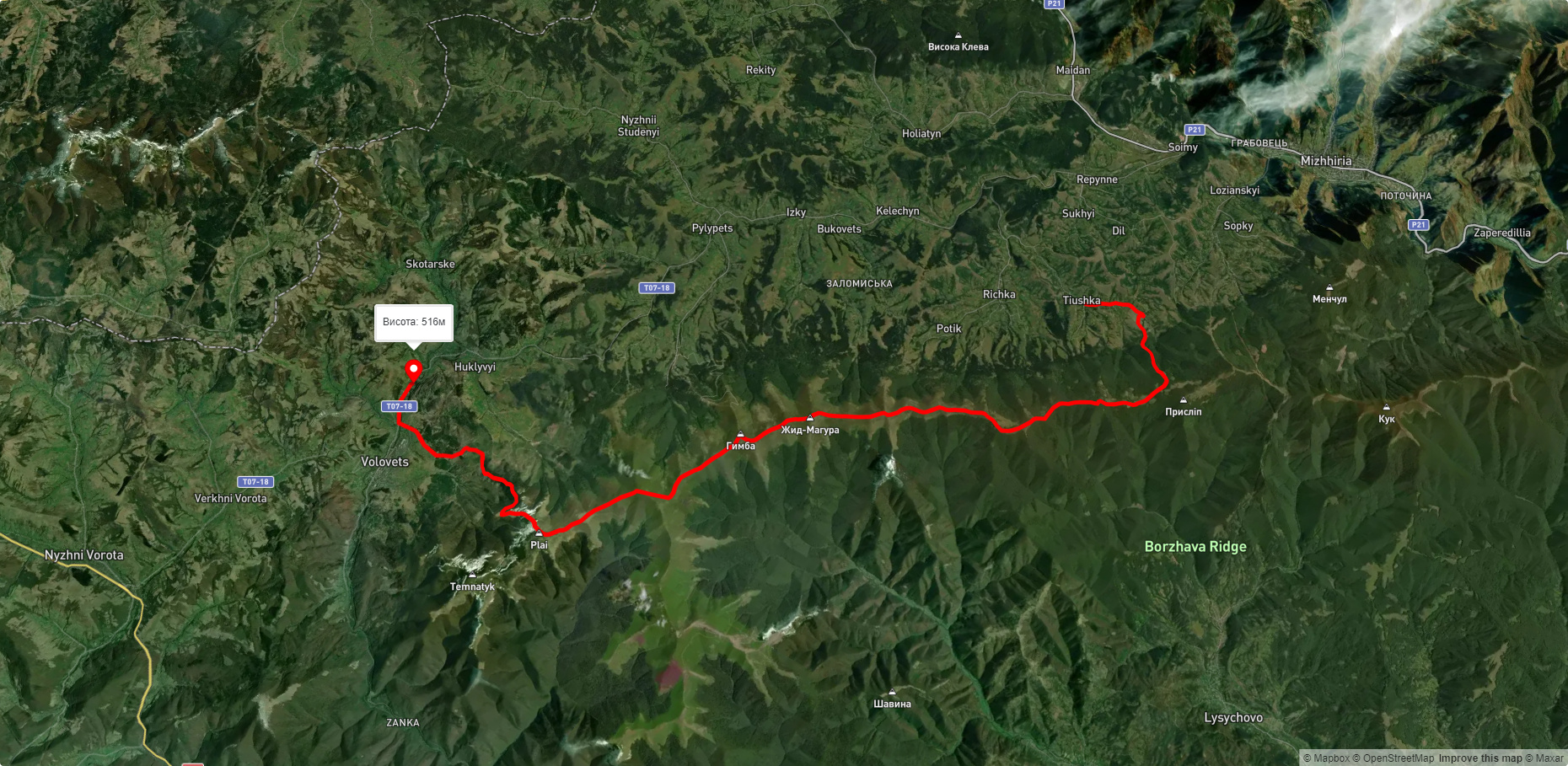 с. Тюшка, через г. Жид-Магура, г. Гемба, г. Великий Верх до смт. Воловець