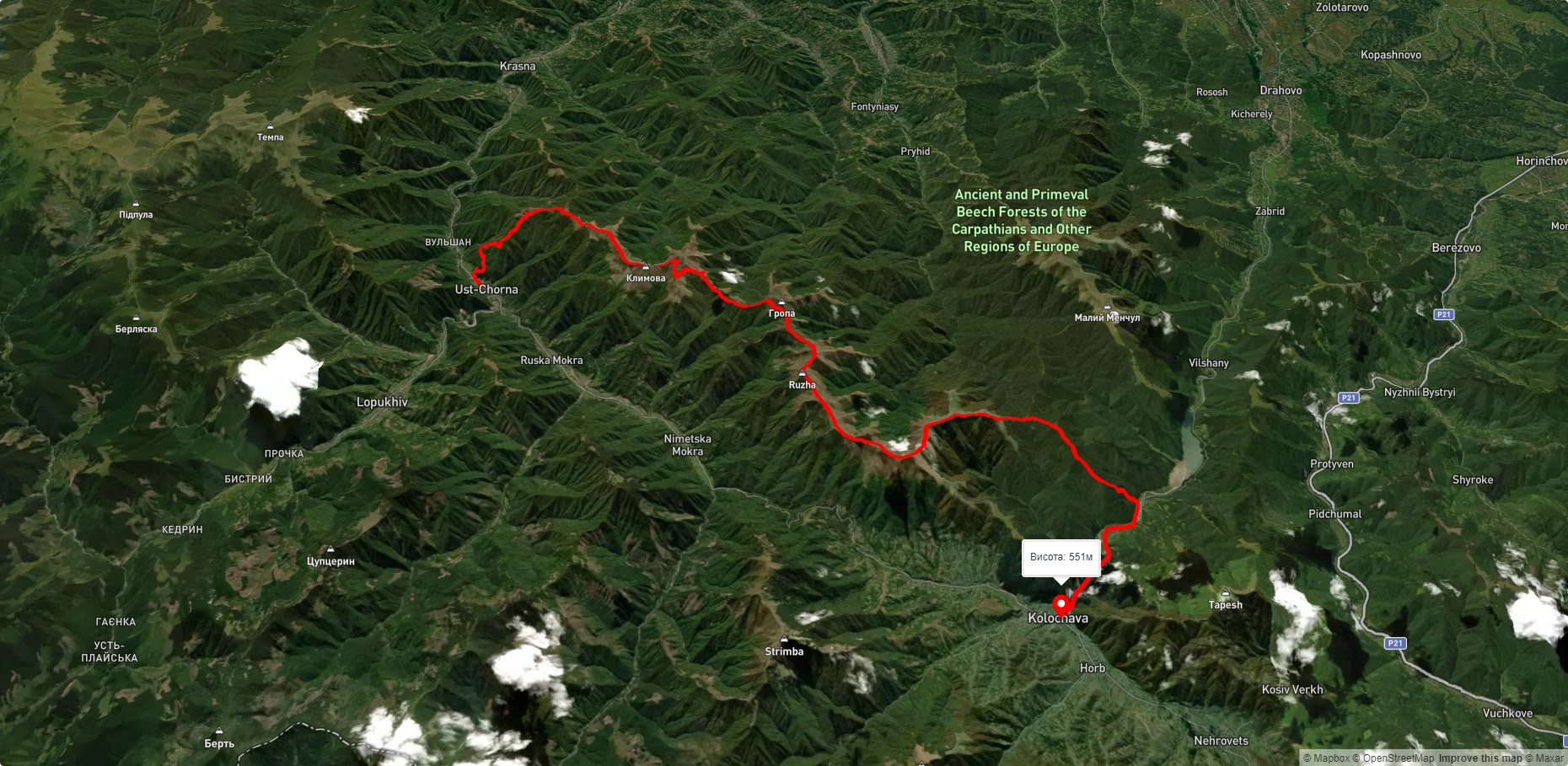 с. Усть-Чорна, через г. Климова, г. Сигланський, г. Топас до с. Колочава