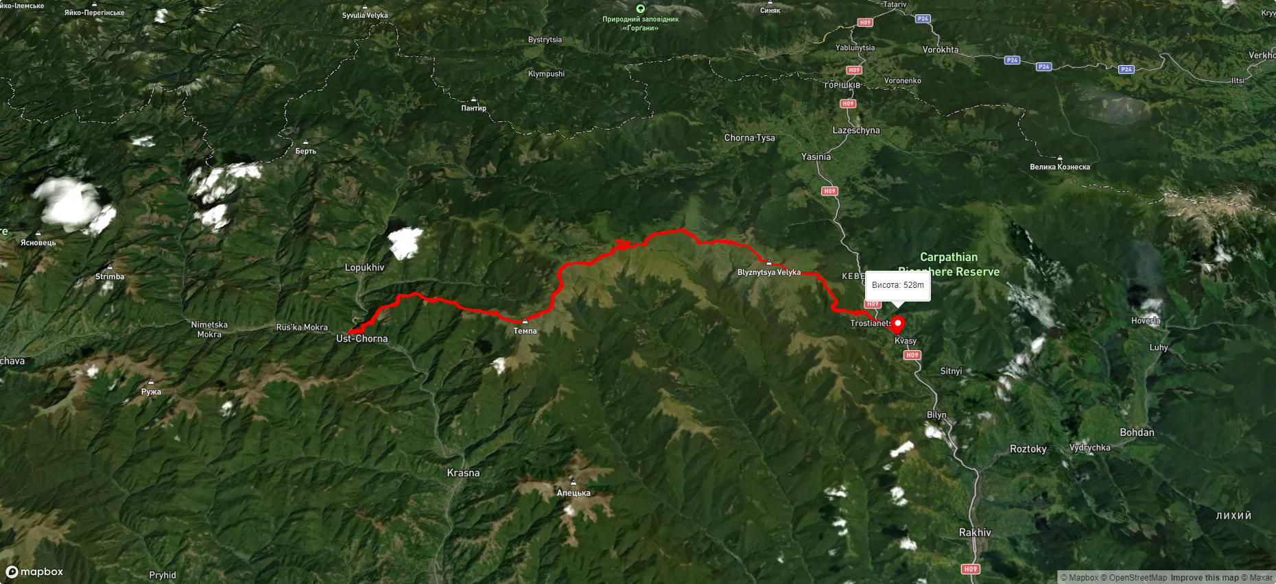 с. Усть-Чорна, через г. Темпа, г. Мала Куртяска, г. Унгаряска, г. Близниця до с. Кваси