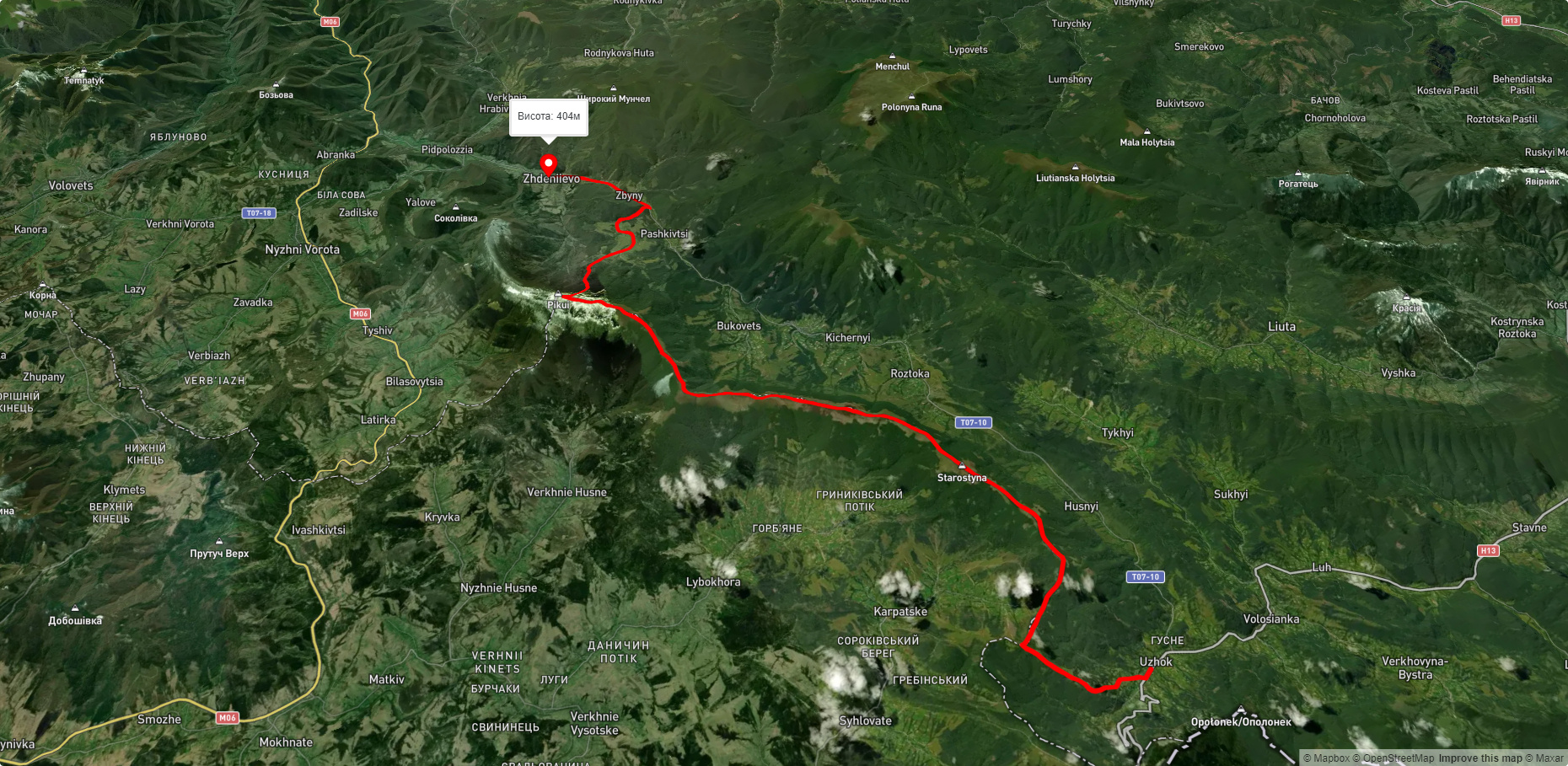 с. Ужок, через г. Дрогобицький Камінь, с. Старостина, г. Великий Верх, г. Пікуй, с. Щербовець до с. Жденієво