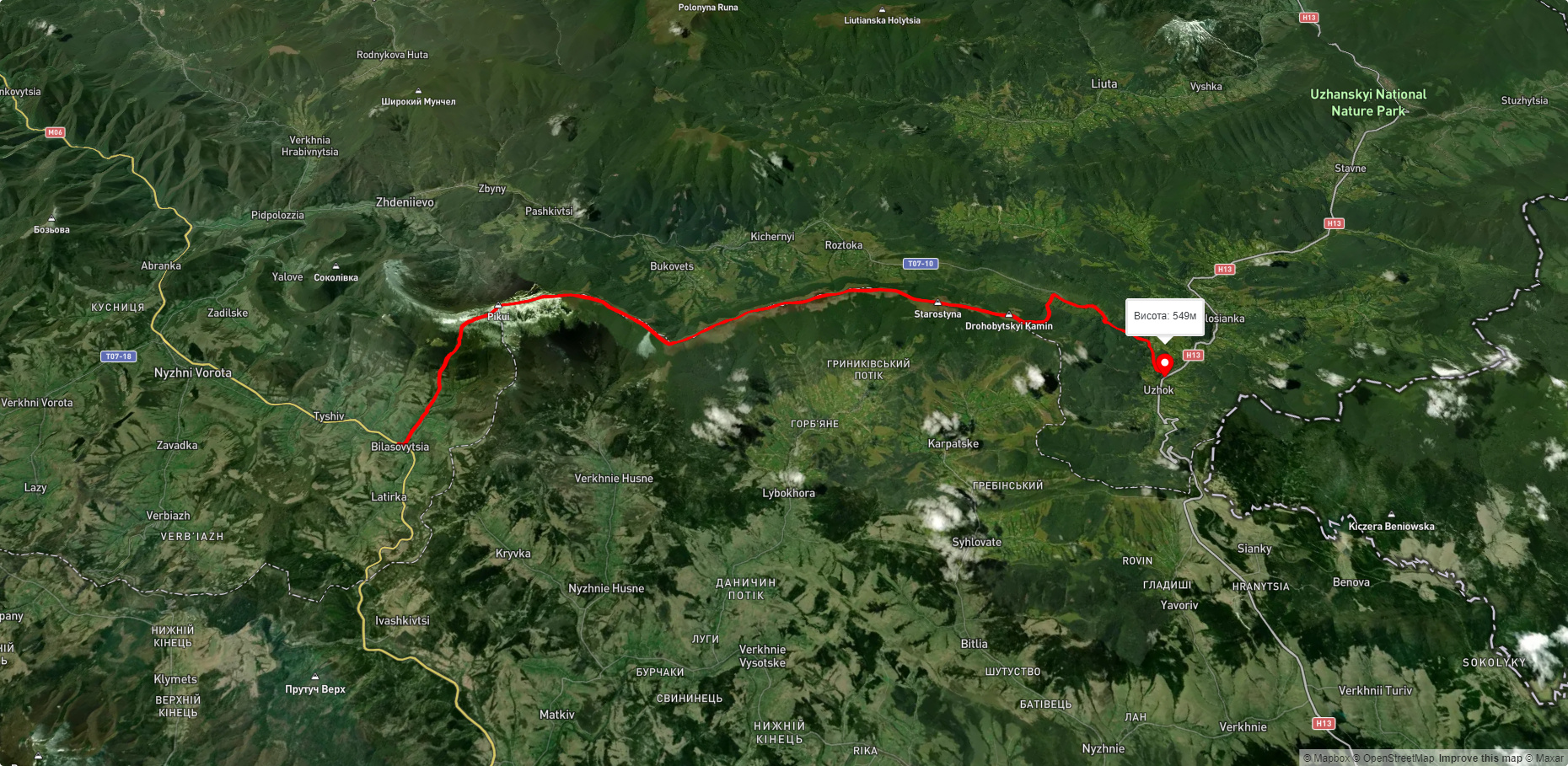 с. Ужок, через с. Гусний, г. Дрогобицький Камінь, перевал Руська Путь, г. Пікуй до с. Біласовиця