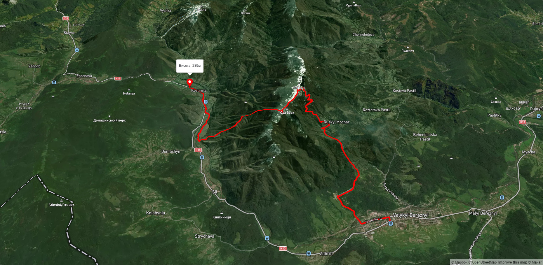 с. Вел. Березний, через с. Руський Мочар, г. Явірник, г. Юда Верх до с. Кострина