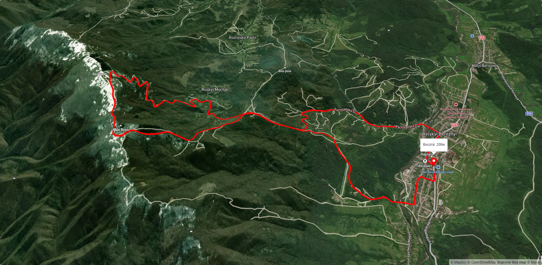 с. Великий Березний, через г. Явірник, с. Руський Мочар до с. Великий Березний