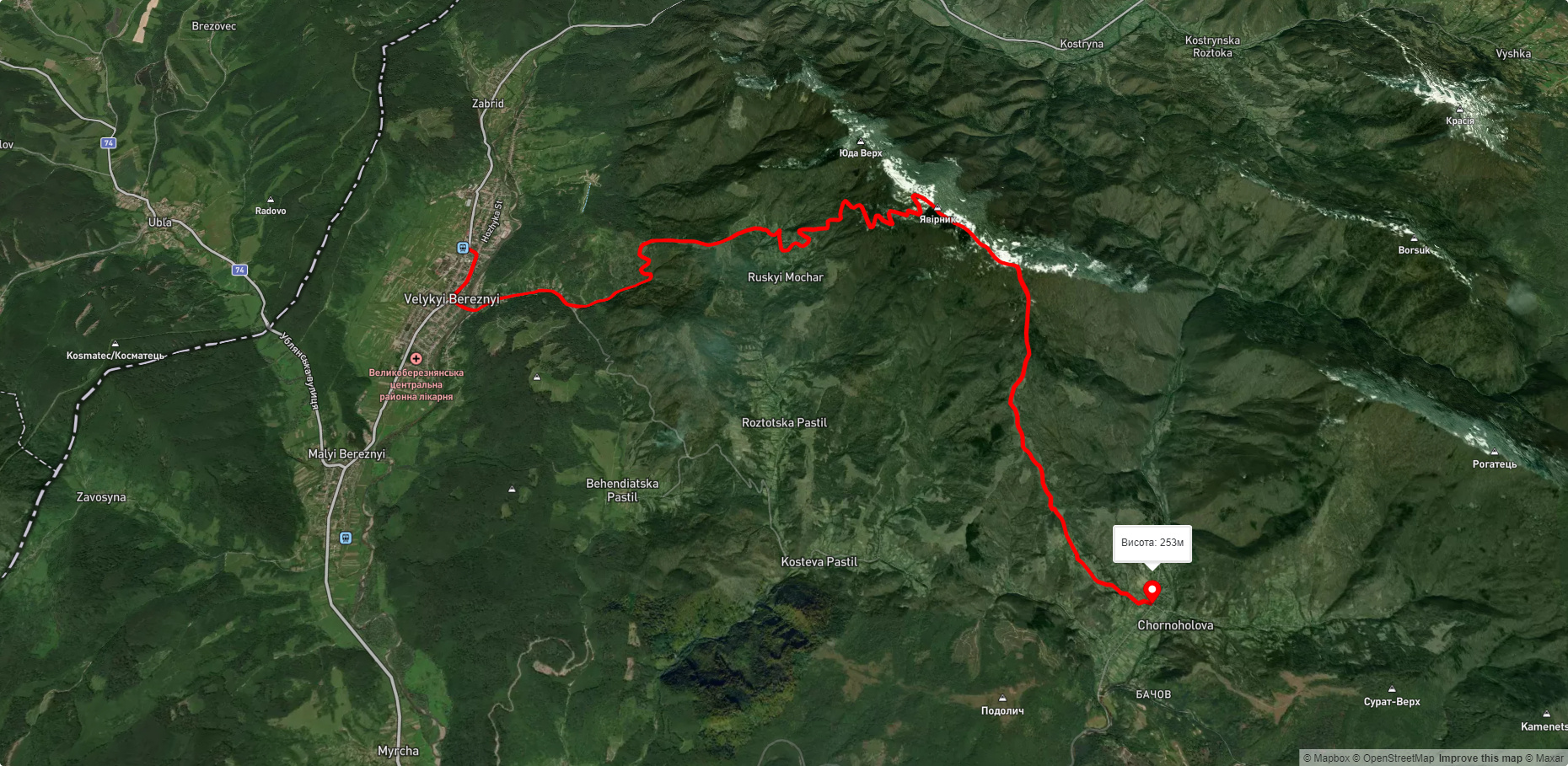 с. Великий Березний, через с. Руський Мочар, г. Явірник до с. Чорноголова