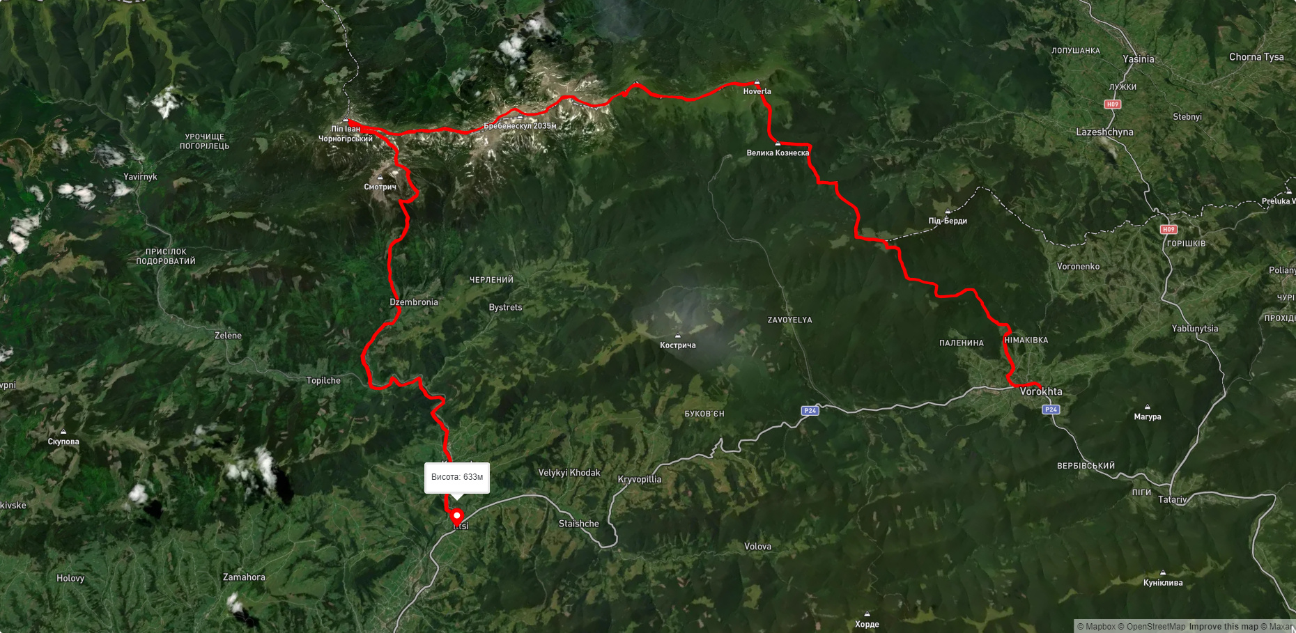 с. Вороненко, через г. Кукул, г. Говерла, г. Піп Іван Чорногірський до с. Ільці