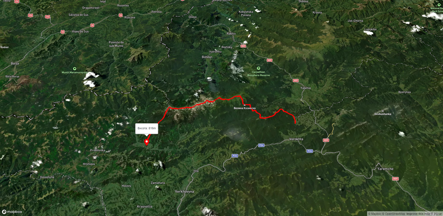 с. Вороненко, через г. Кукул, г. Говерла, г. Піп Іван Чорногірський до с. Зелене