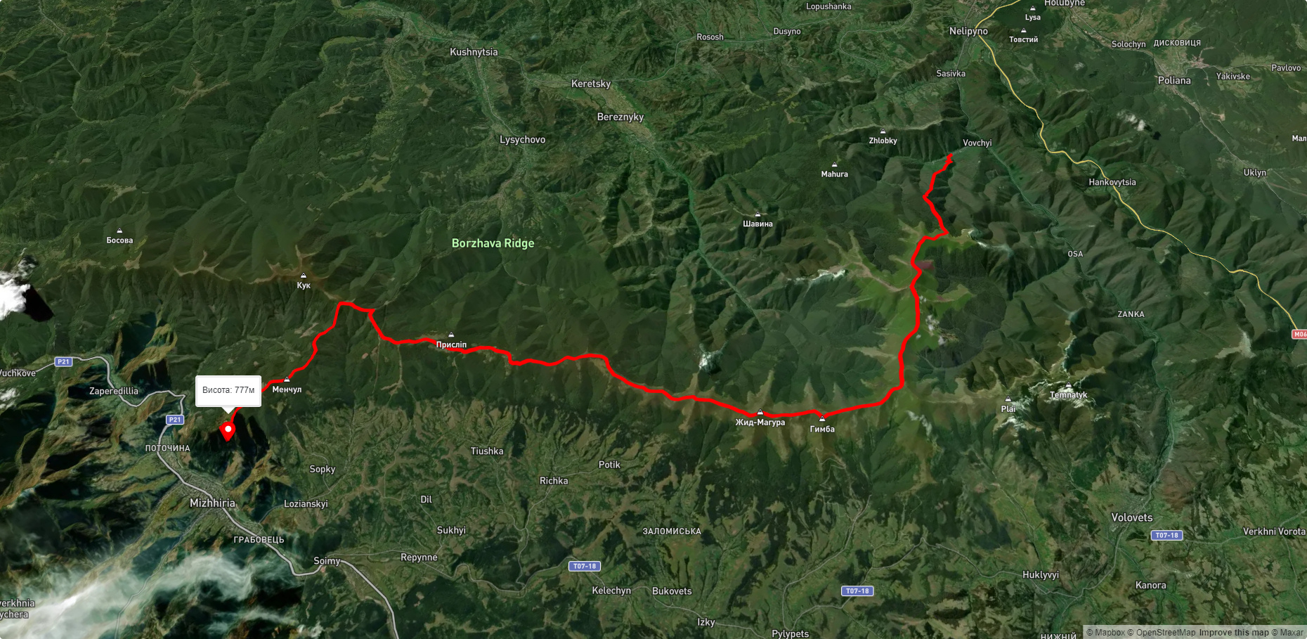 с. Вовчий, через г. Стій, г. Гемба, г. Жид-Магура, пер. Присліп до смт. Міжгір'я