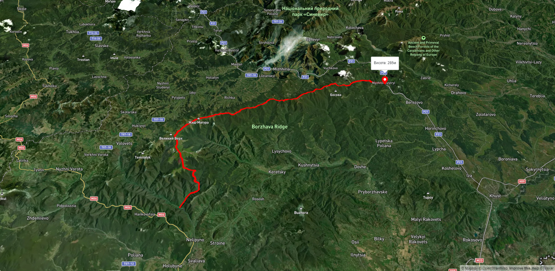 с. Вовчий, через г. Стій, г. Жид-Магура, пер. Присліп, Полонину Кук, г. Коритище, с. Широке до с. Нижній Бистрий