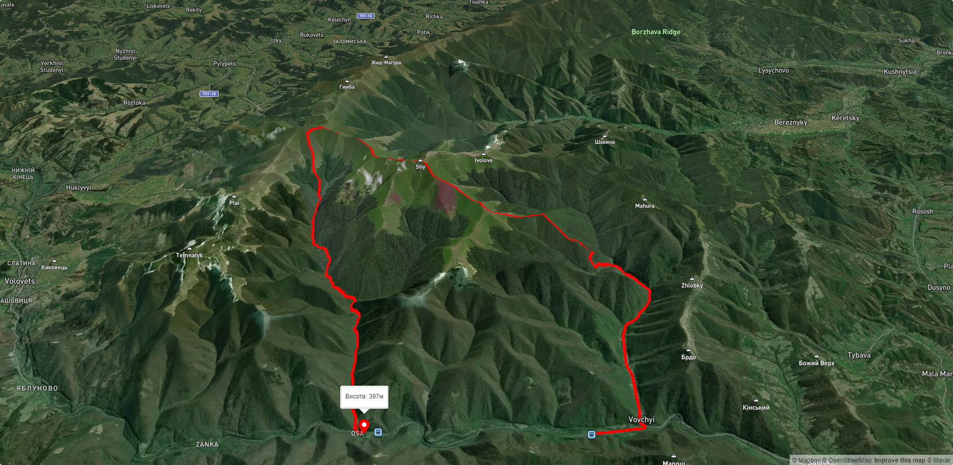 с. Вовчий, через г. Стій, траверс г. Великий Верх, вздовж р. Оса до з/д станції 