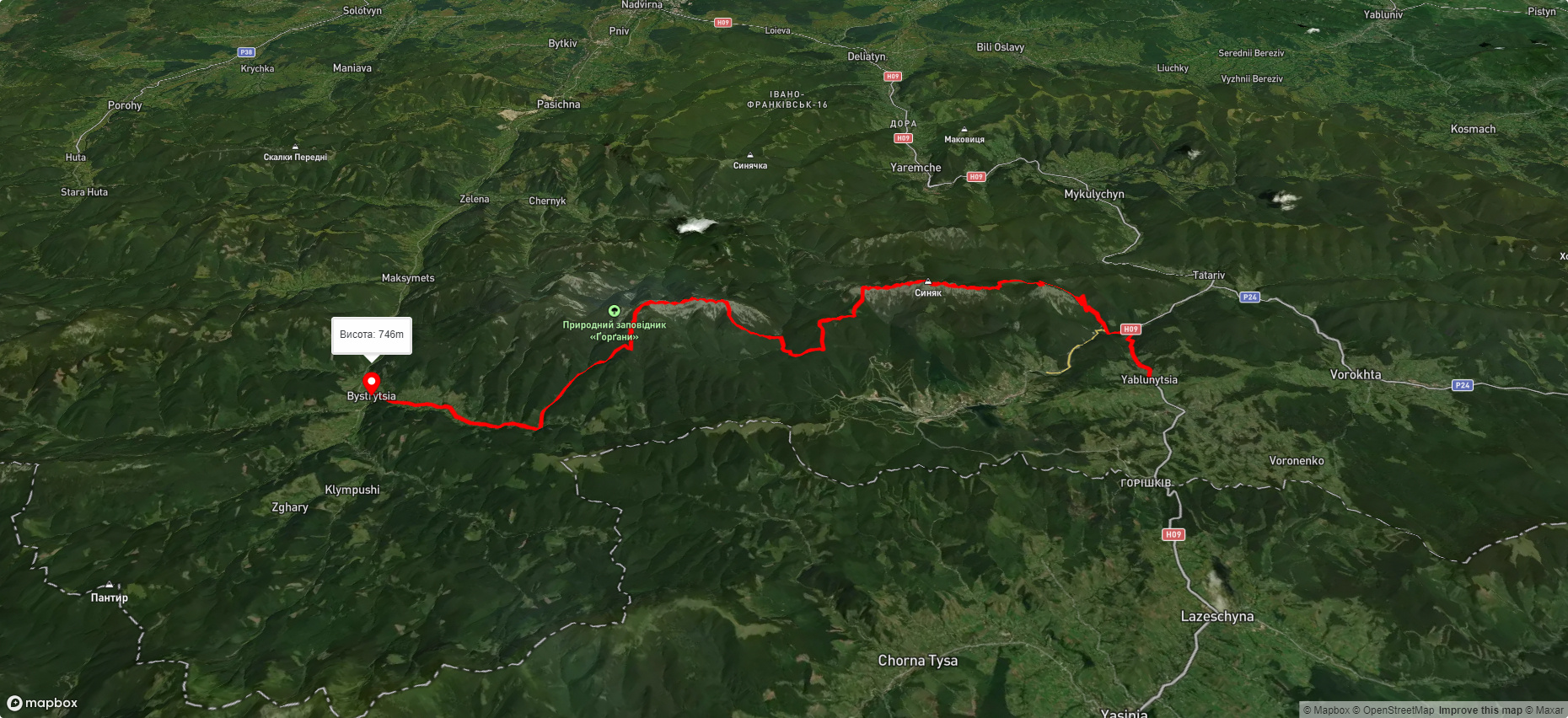 с. Яблуниця, через г. Хом'як, г. Синяк, г. Малий Горган, г. Довбушанка, г. Ведмежик до с. Бистриця