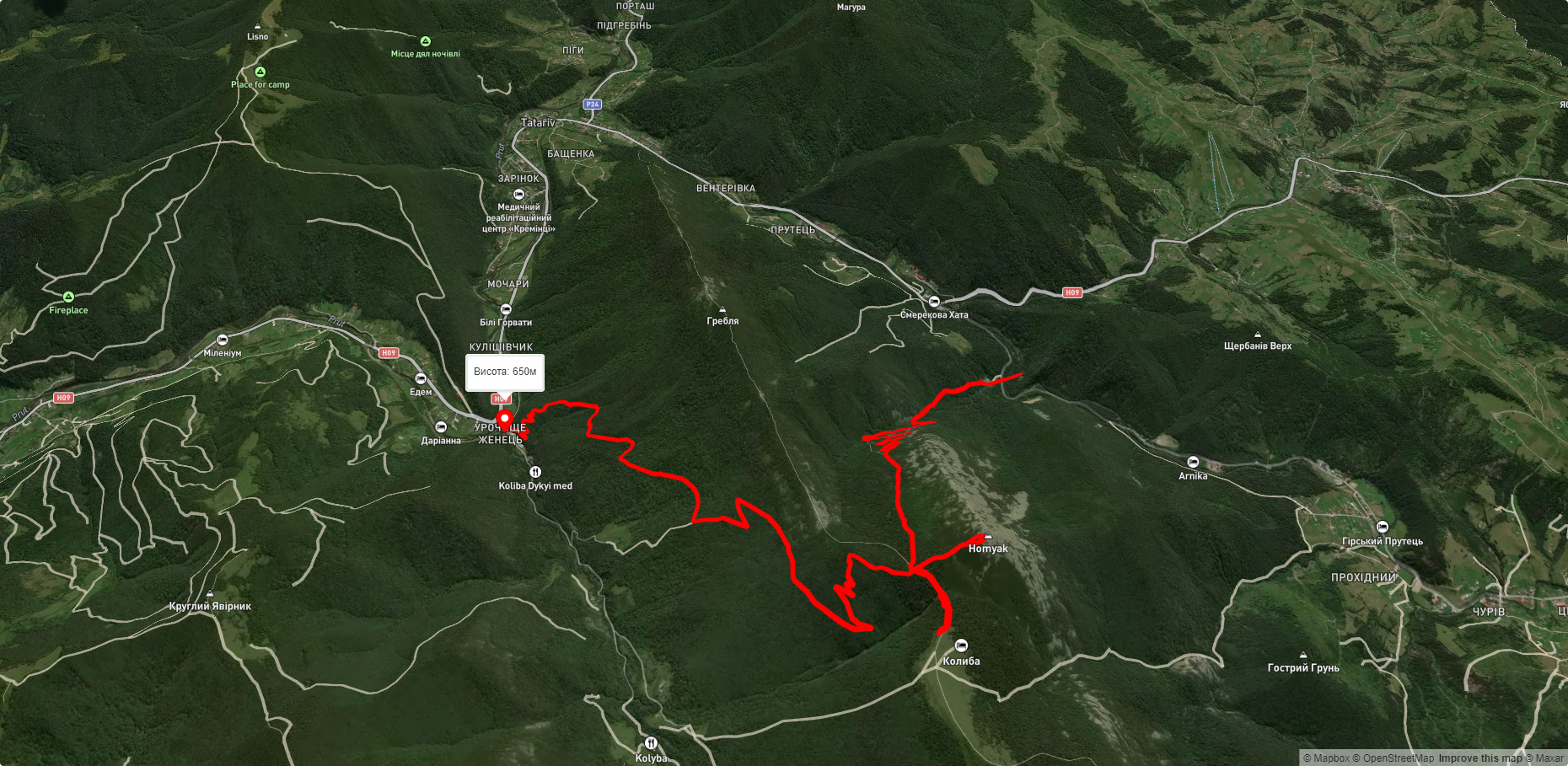 с. Яблуниця, через г. Хом'як, пол. Хом'яків до ур. Женець (с. Микуличин)