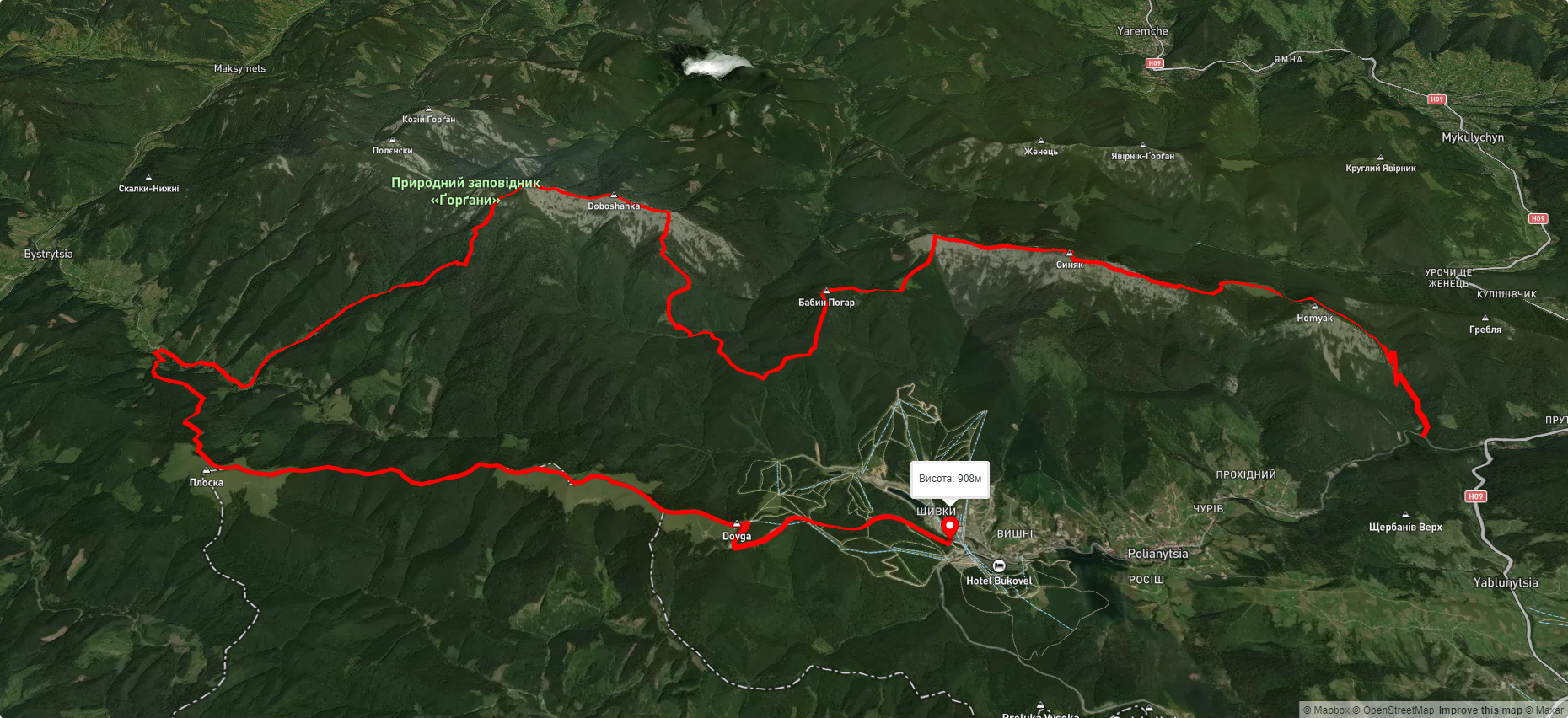 с. Яблуниця, через пол. Хом'яків, г. Синяк, г. Малий Горган, г. Довбушанка, г. Ведмежик до с. Поляниця