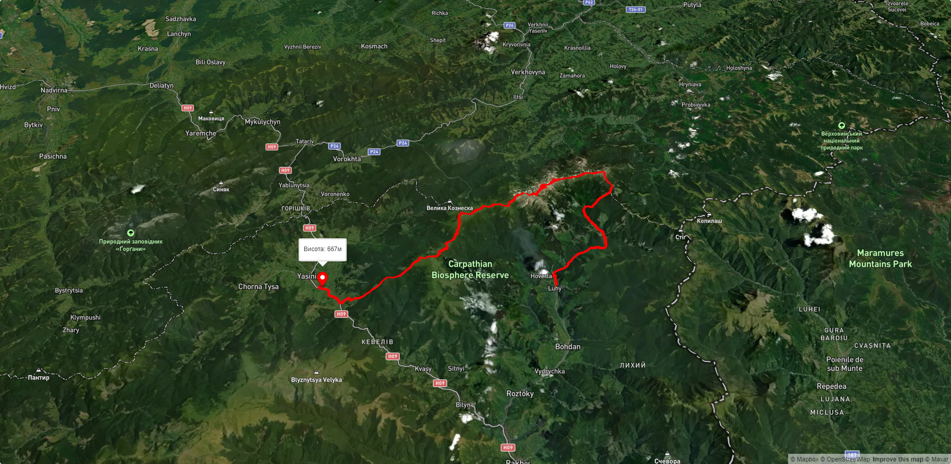 с. Ясіня, через г. Петрос, г. Говерла, г. Піп Іван Чорногірський до с. Луги