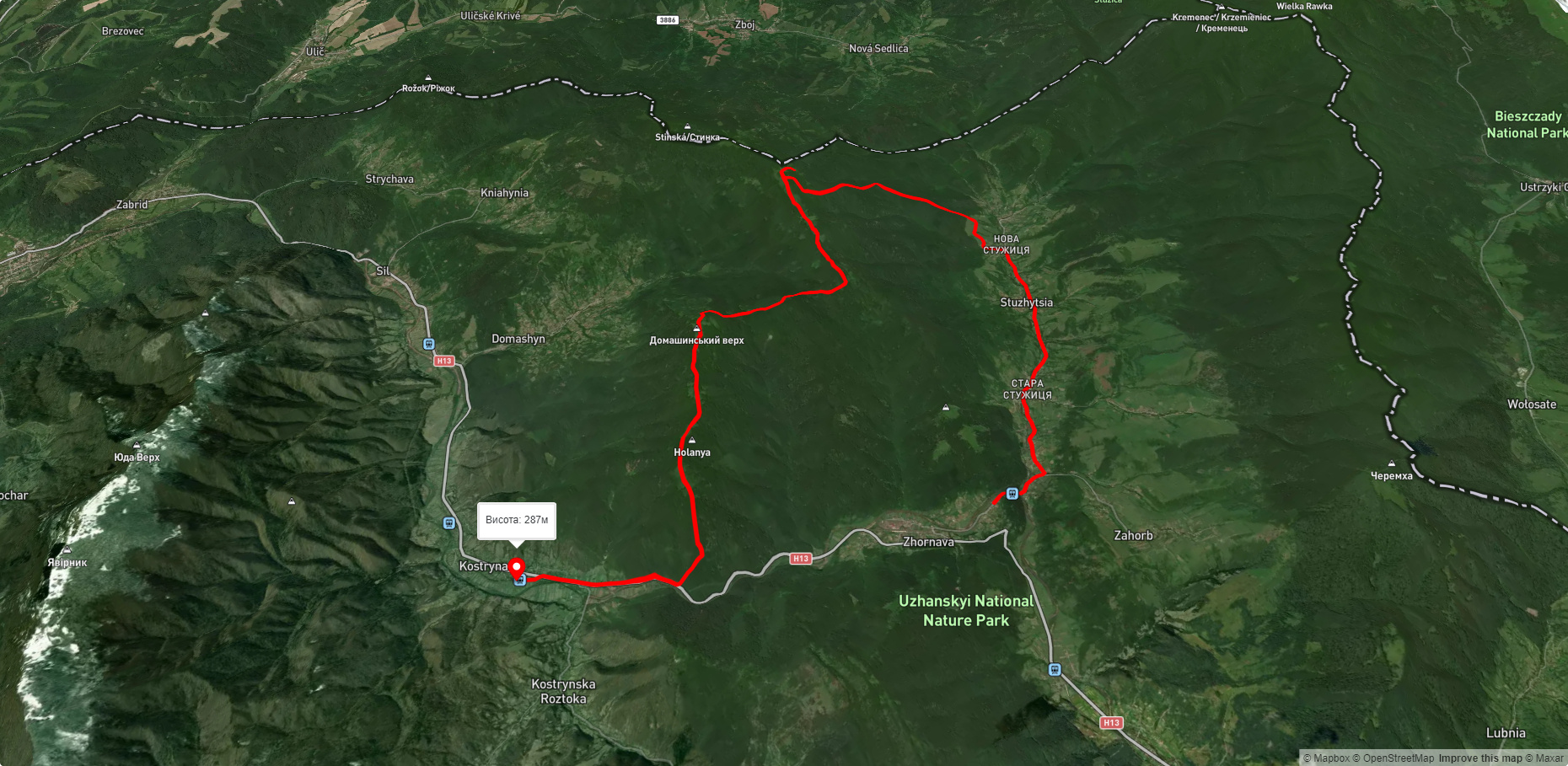 с. Загорб, через с. Стужиця, місце падіння метеориту 'Княгиня', хр. Голаня до с. Кострина