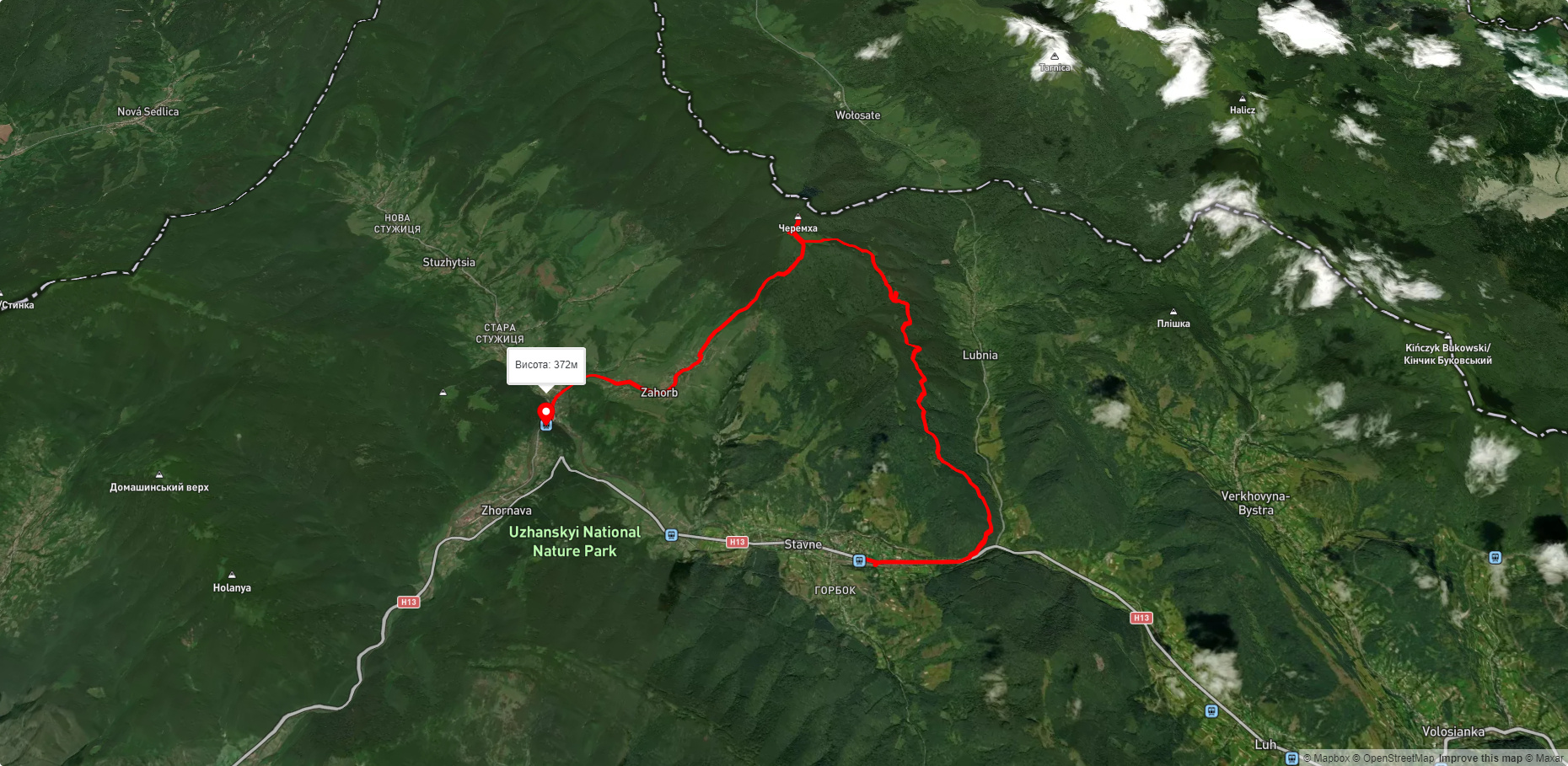 с. Жорнава, через с. Загорб, г. Черемха, ур. Багна до с. Ставне