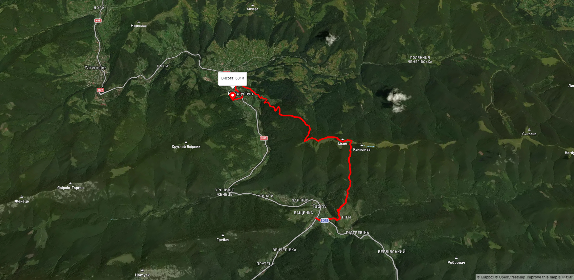 с.Татарів, через г. Ліснів до с. Микуличин