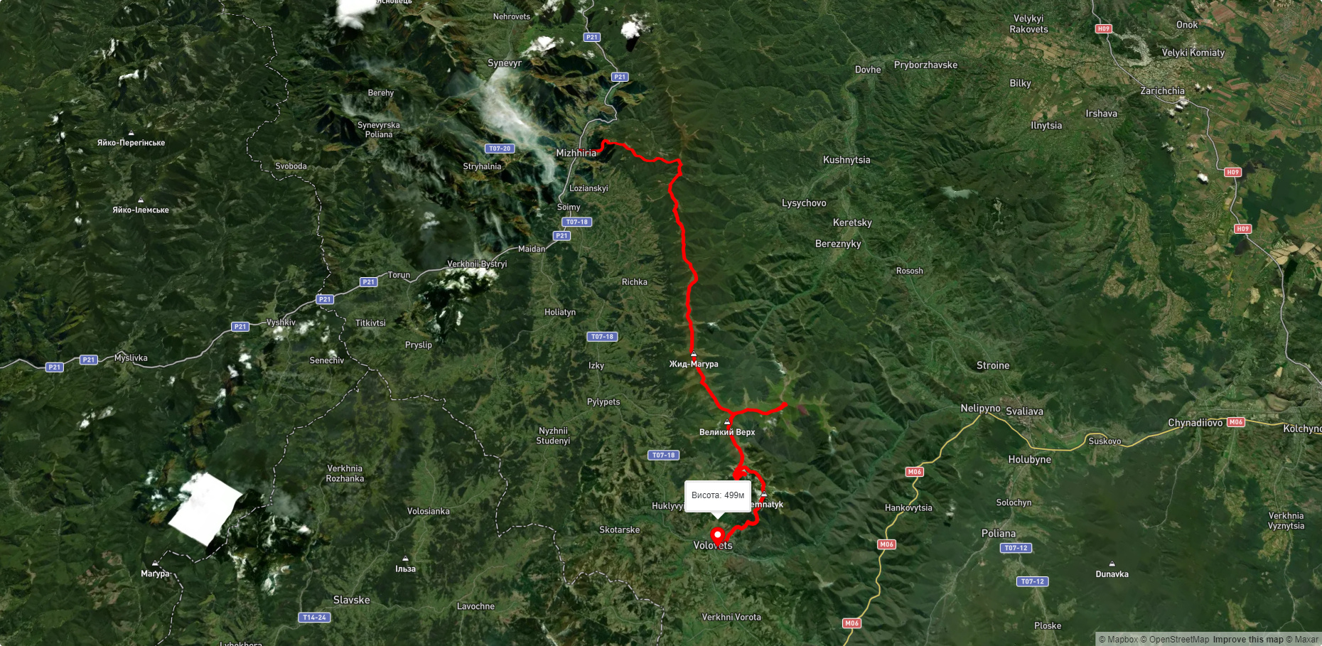 смт. Міжгір'я, через г. Жид-Магура, г. Гемба, г. Стій, г. Великий Верх до с. Воловець